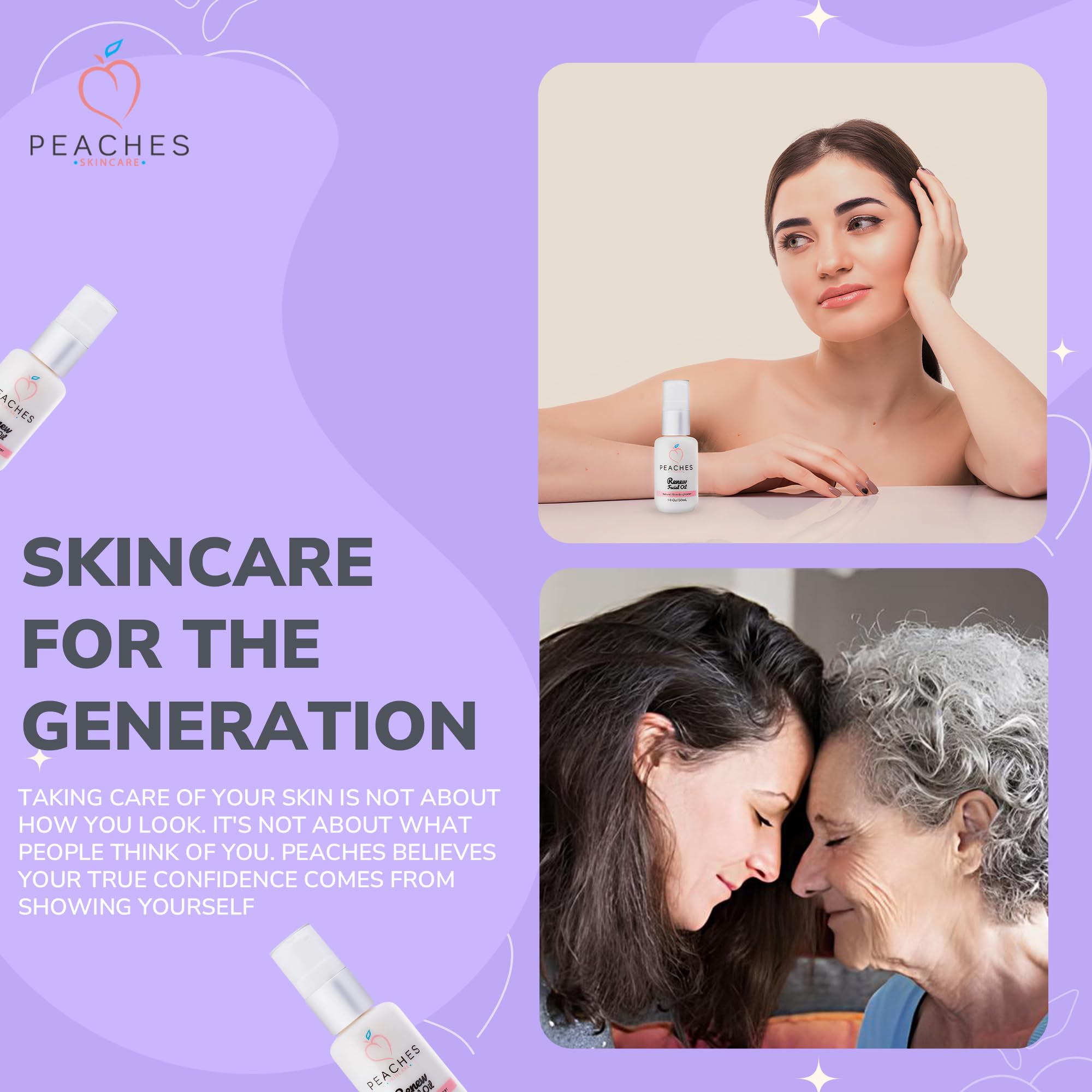 Peaches Skin Care Renew Facial Oil – Grape Seed, Olive & Bergamot | Age-Defying Radiant Skin (1 oz)