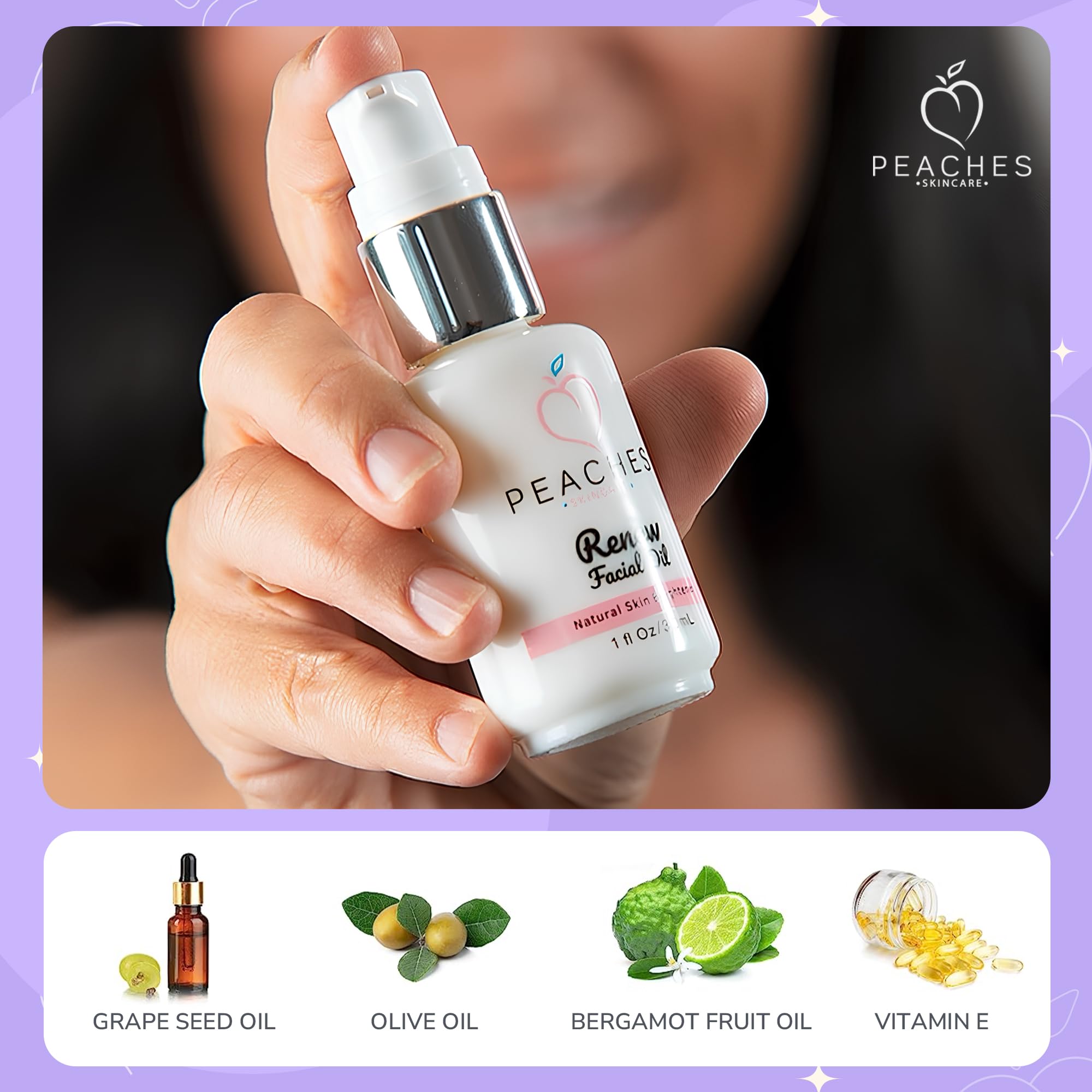 Peaches Skin Care Renew Facial Oil – Grape Seed, Olive & Bergamot | Age-Defying Radiant Skin (1 oz)