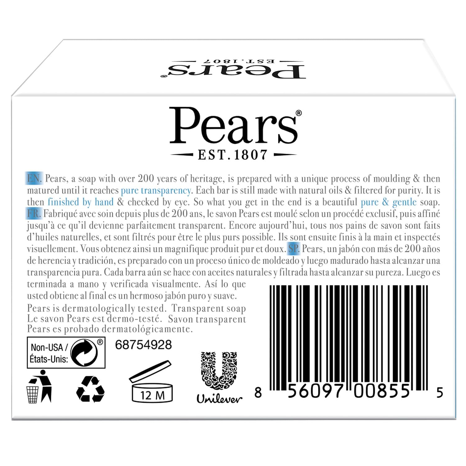 Pears Glycerin Soap with Mint Extract – Transparent Blue, 12-Pack