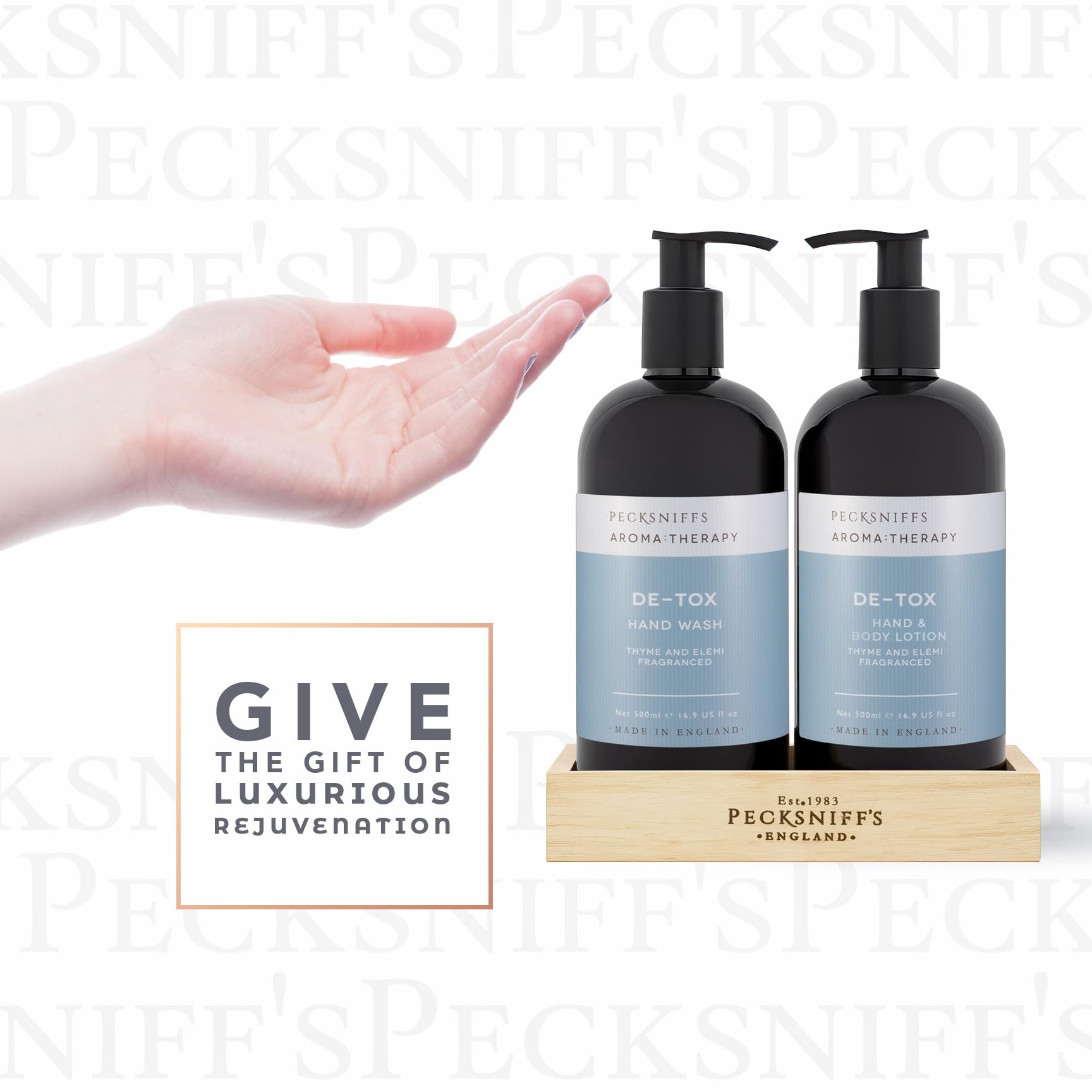 Pecksniff's Aroma Therapy De-Tox Hand Wash & Lotion Set – 500 ml in Wooden Caddy