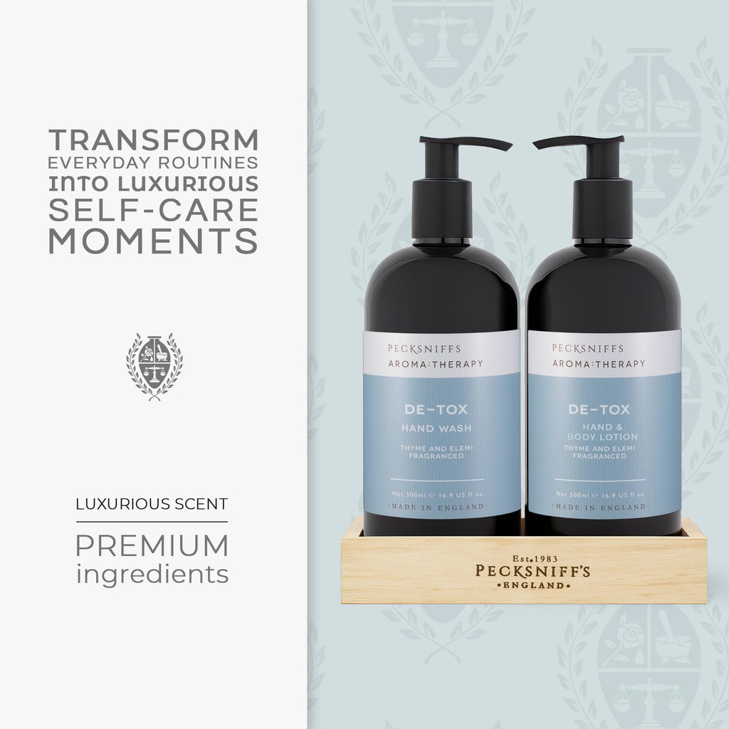 Pecksniff's Aroma Therapy De-Tox Hand Wash & Lotion Set – 500 ml in Wooden Caddy