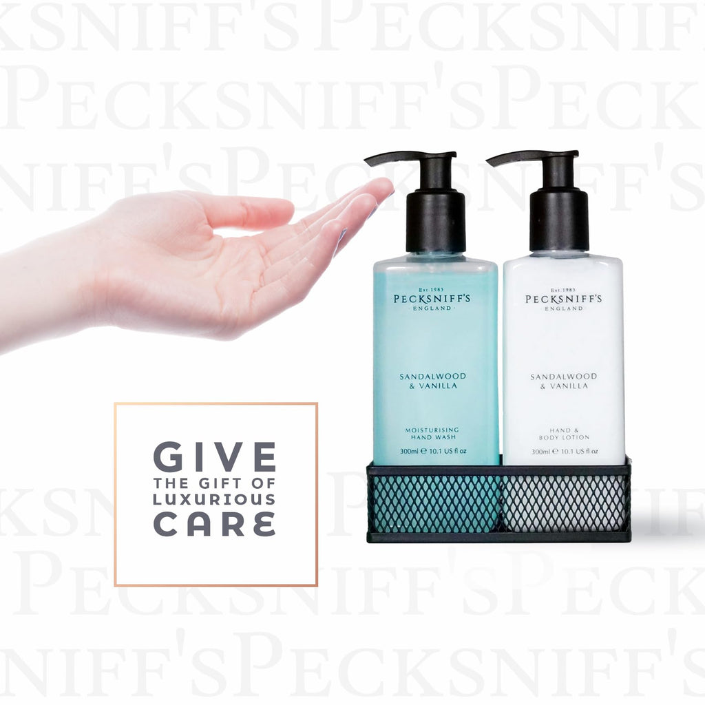 Pecksniff's Kitchen Soap Dispenser Set – Hand Soap & Lotion with Black Mesh Caddy, Sandalwood & Vanilla, 10.14 fl oz / 300 ml