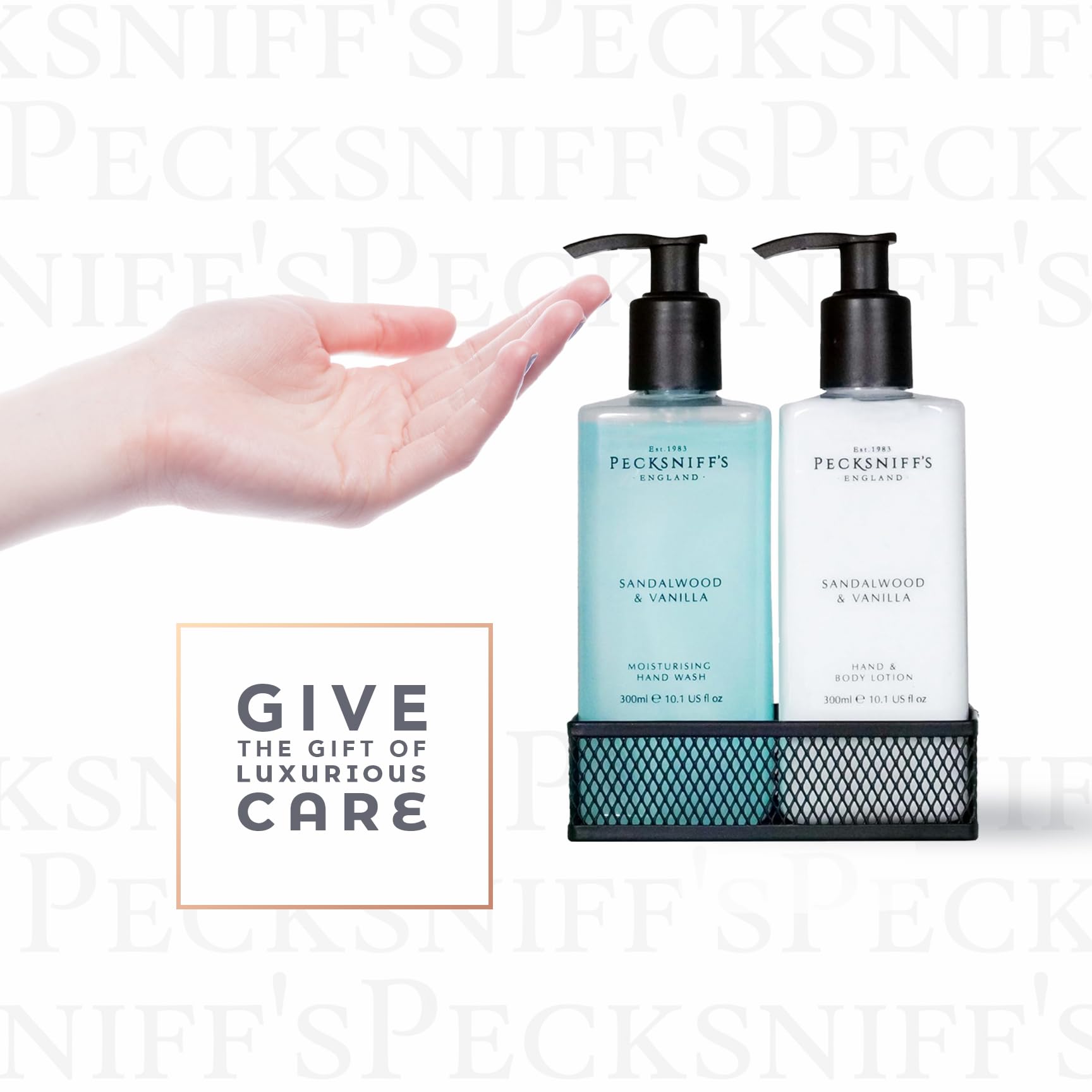 Pecksniff's Kitchen Soap Dispenser Set – Hand Soap & Lotion with Black Mesh Caddy, Sandalwood & Vanilla, 10.14 fl oz / 300 ml