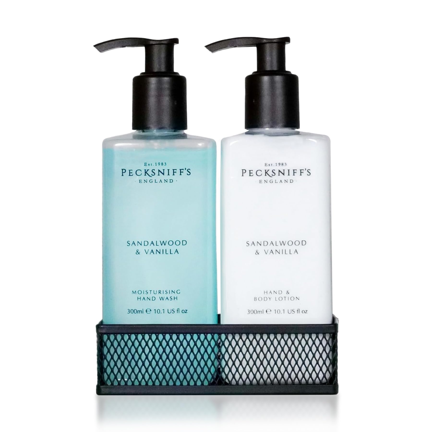 Pecksniff's Kitchen Soap Dispenser Set – Hand Soap & Lotion with Black Mesh Caddy, Sandalwood & Vanilla, 10.14 fl oz / 300 ml