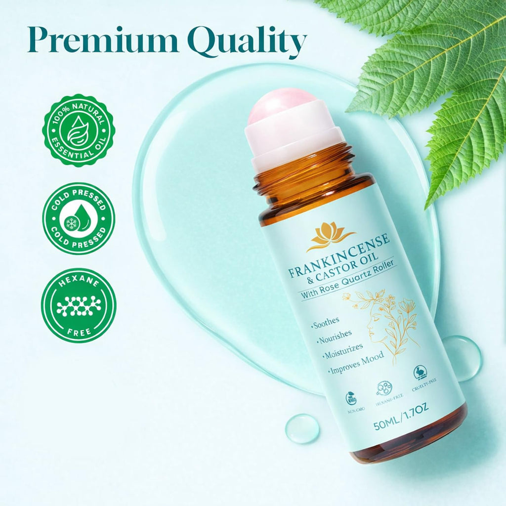 Peehss Frankincense & Castor Oil Rose Quartz Roller – Organic Face Roller (1.7 fl oz)