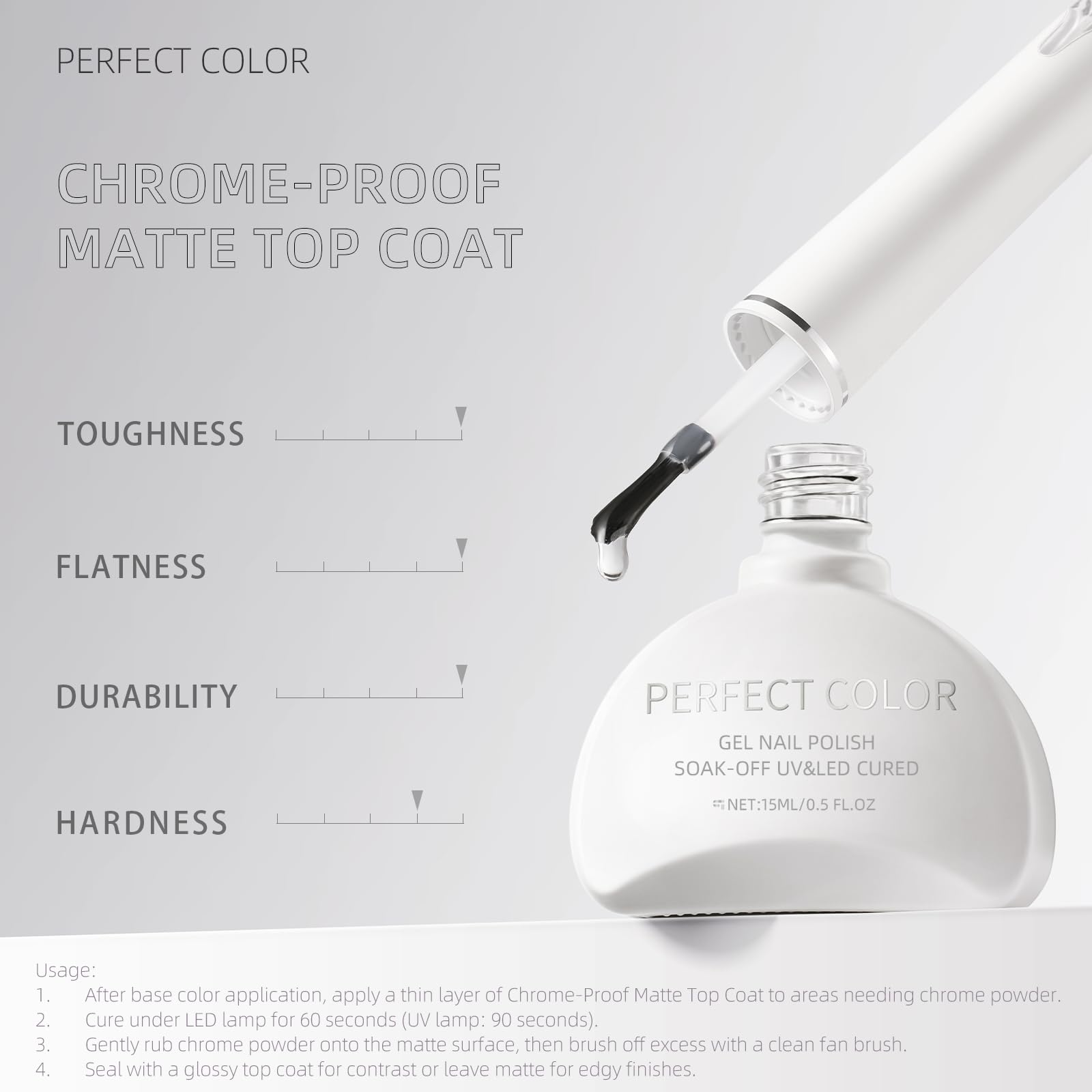 PERFECT COLOR Chrome-Proof Matte Top Coat | UV/LED Cured Gel Nail Polish 0.5 fl oz