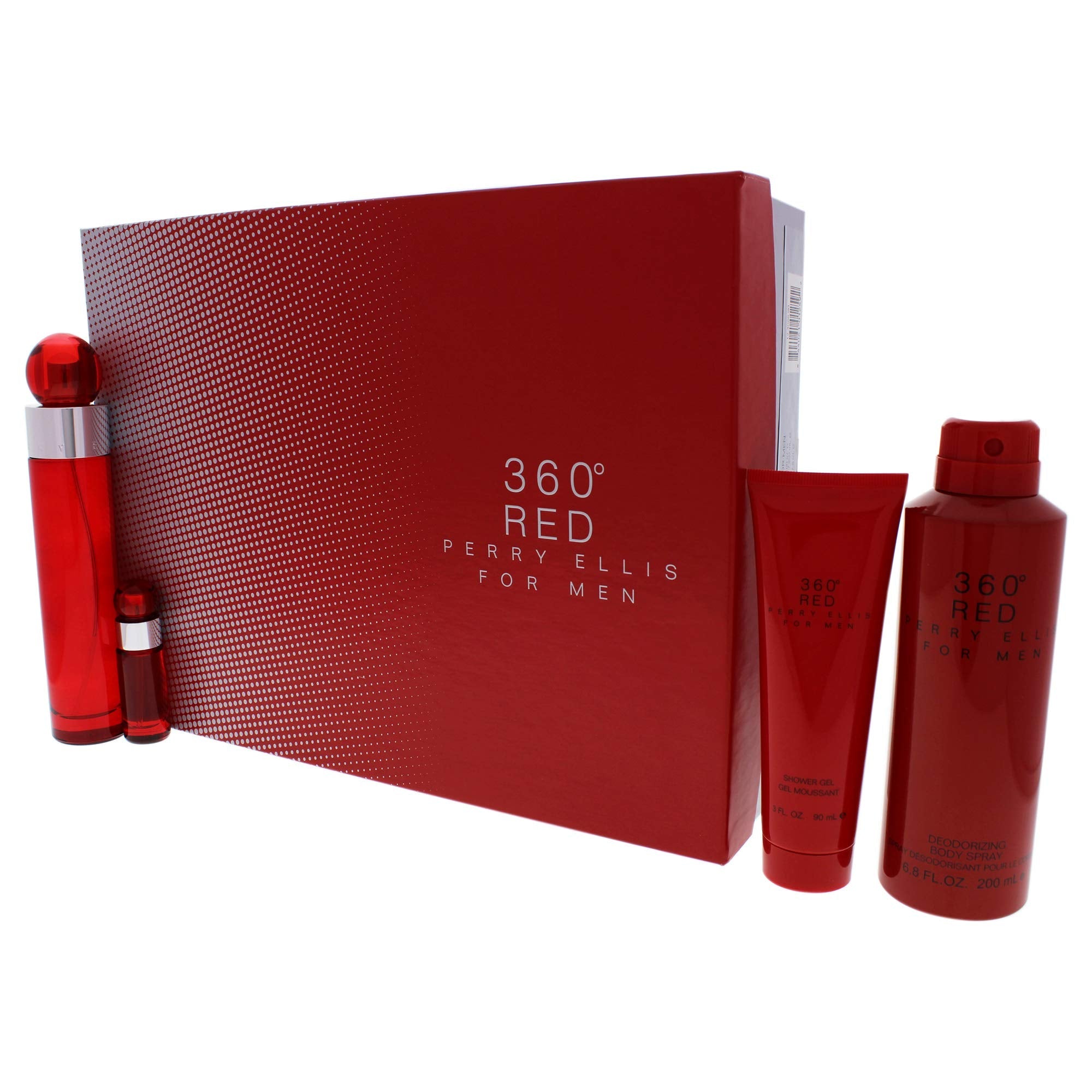 Perry Ellis 360 Red 4-Piece Gift Set for Men – 3.4oz EDT + 6.8oz Body Spray + Shower Gel + 25oz Mini EDT