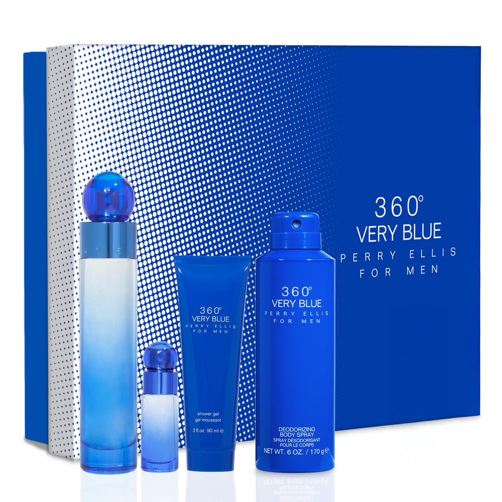 Perry Ellis 360° Very Blue Gift Set – EDT 3.4 oz, Shower Gel 3 oz, Body Spray 6 oz, Mini EDT