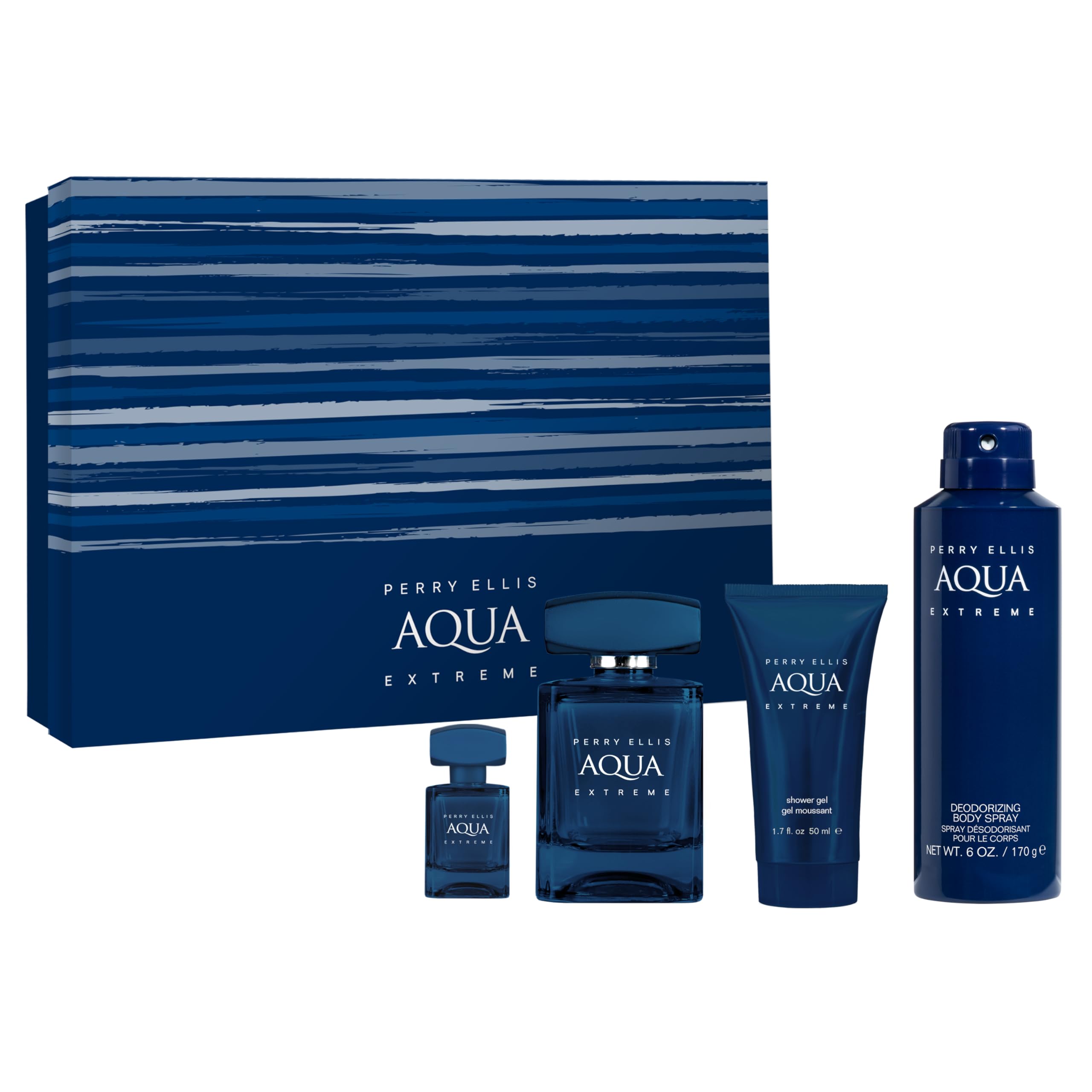 Perry Ellis Aqua Extreme Gift Set | EDT 3.4 oz + Shower Gel 1.7 oz + Body Spray 6 oz + Travel Mini