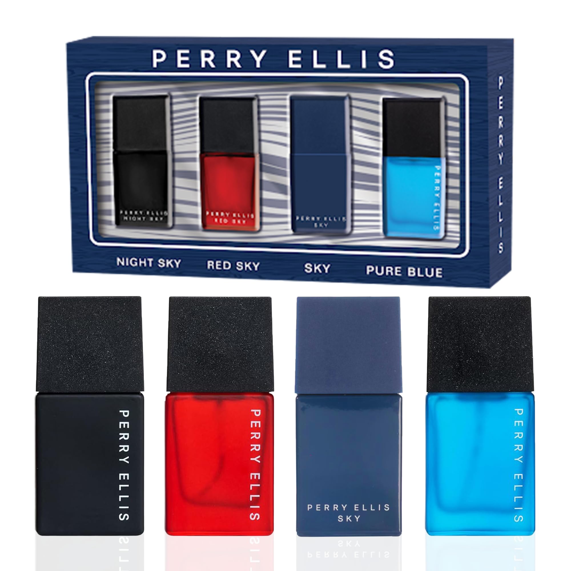Perry Ellis Men's 4-Piece Mini Cologne Set – Night Sky, Red Sky, Sky, Pure Blue (0.25 oz each)