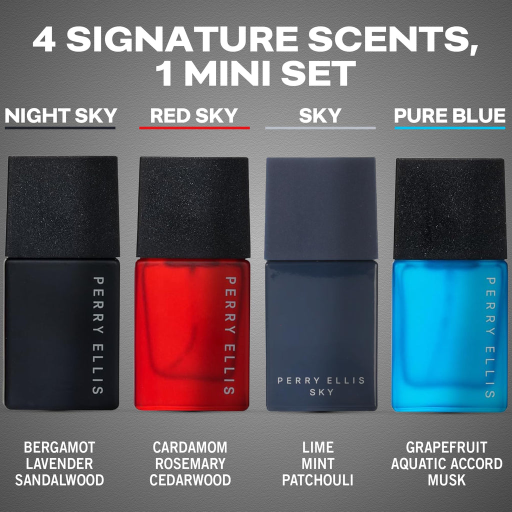 Perry Ellis Men's 4-Piece Mini Cologne Set – Night Sky, Red Sky, Sky, Pure Blue (0.25 oz each)