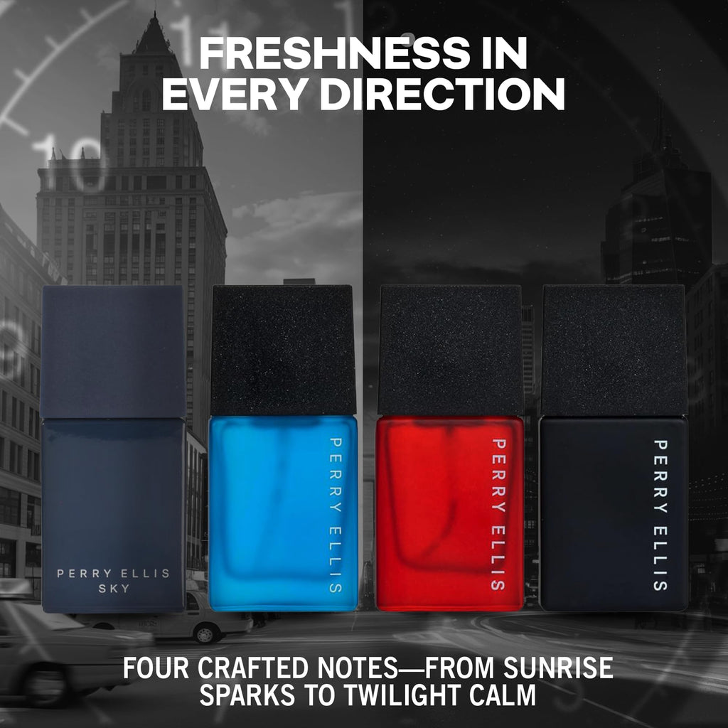 Perry Ellis Men's 4-Piece Mini Cologne Set – Night Sky, Red Sky, Sky, Pure Blue (0.25 oz each)
