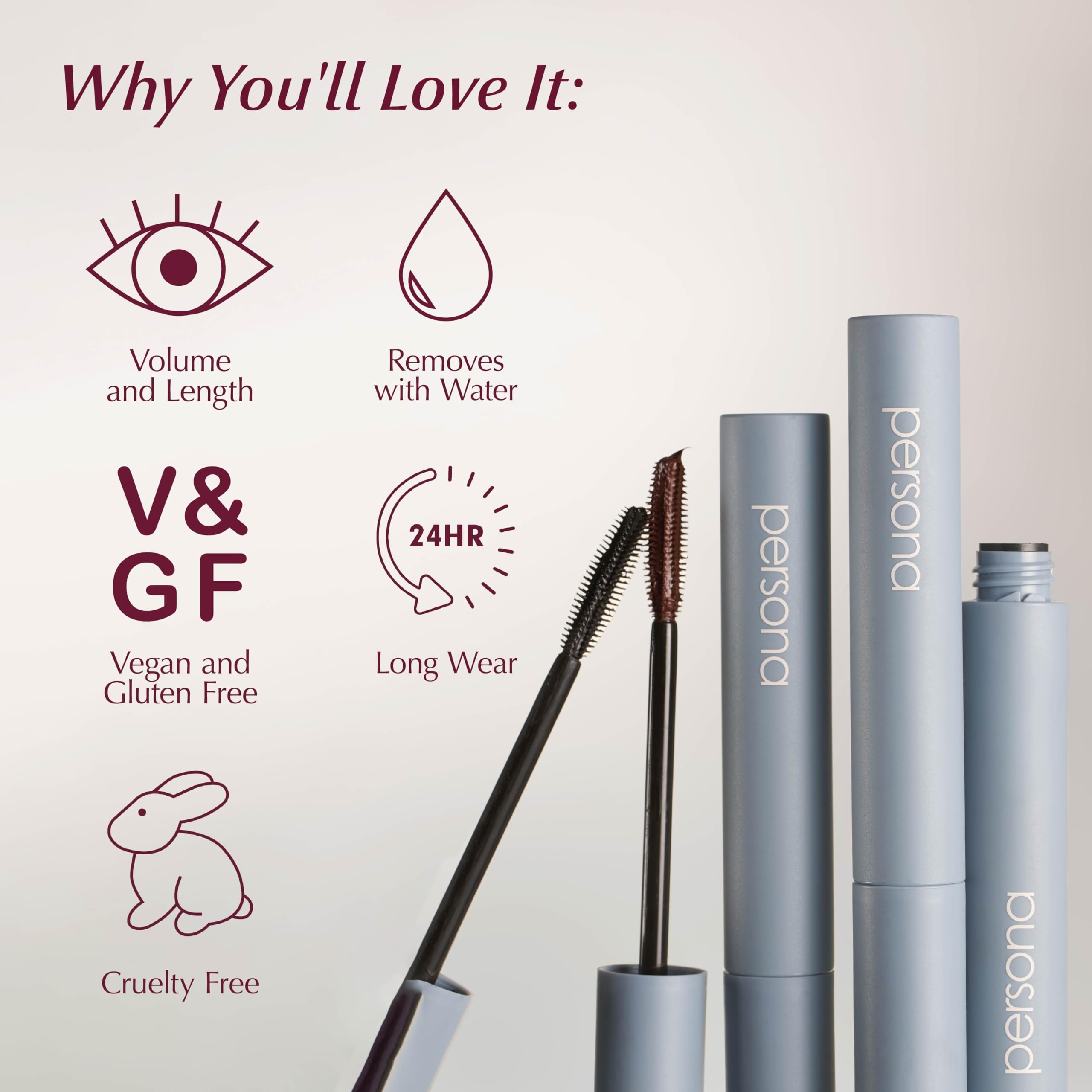 PERSONA Volumizing Tubing Mascara | Lift, Lengthen & Define | Water-Removable, Buildable Volume (Chocolate) — Made in Italy