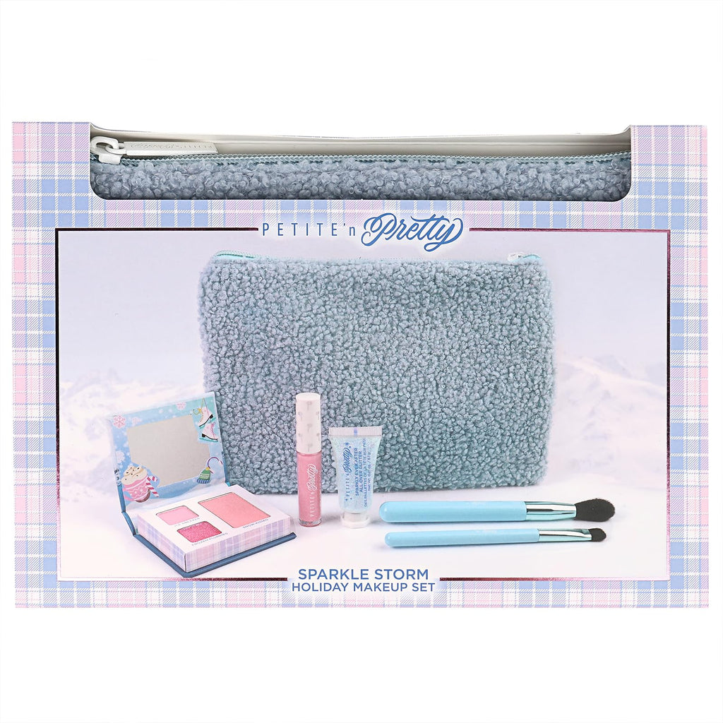 Petite 'N Pretty Sparkle Storm Gift Set for Kids, Tweens & Teens – Palette, Brushes, Lip Gloss & Glitter in Blue Sherpa Bag