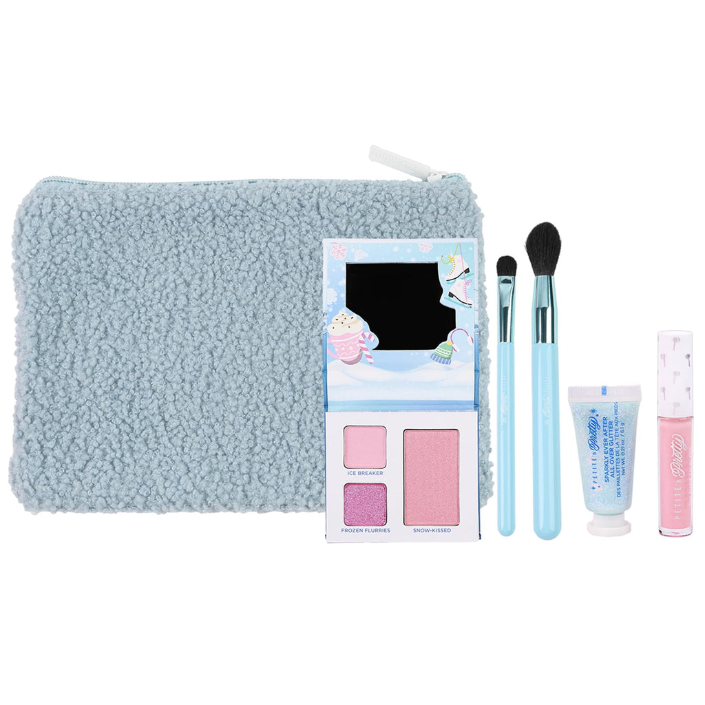 Petite 'N Pretty Sparkle Storm Gift Set for Kids, Tweens & Teens – Palette, Brushes, Lip Gloss & Glitter in Blue Sherpa Bag