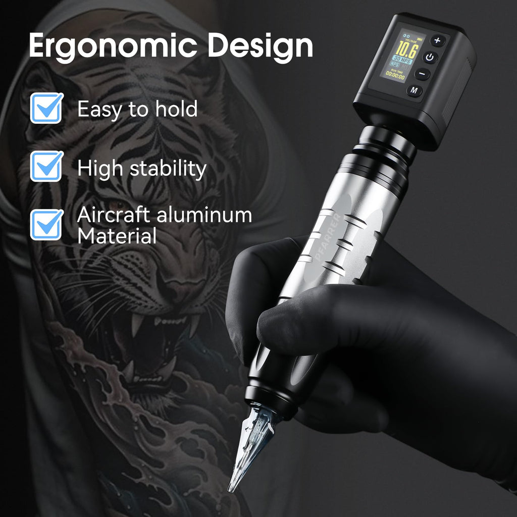 PFARRER Wireless Tattoo Kit with 2 Batteries & Digital Display