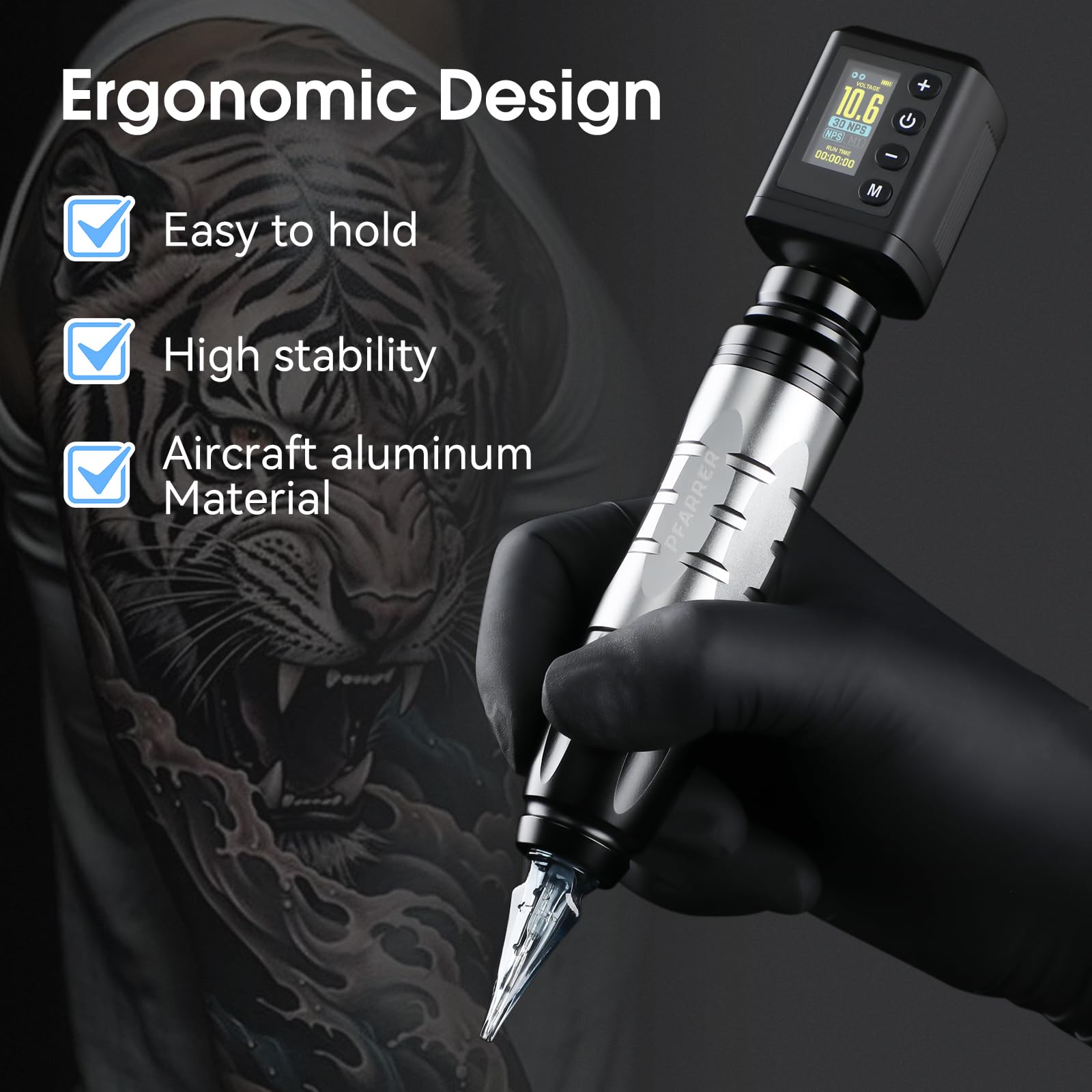 PFARRER Wireless Tattoo Kit with 2 Batteries & Digital Display