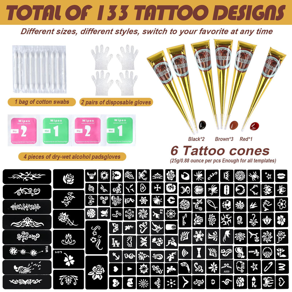 PFARRER Temporary Tattoos Kit – 6 Inks in 3 Colors, 133 Templates, DIY Body Art