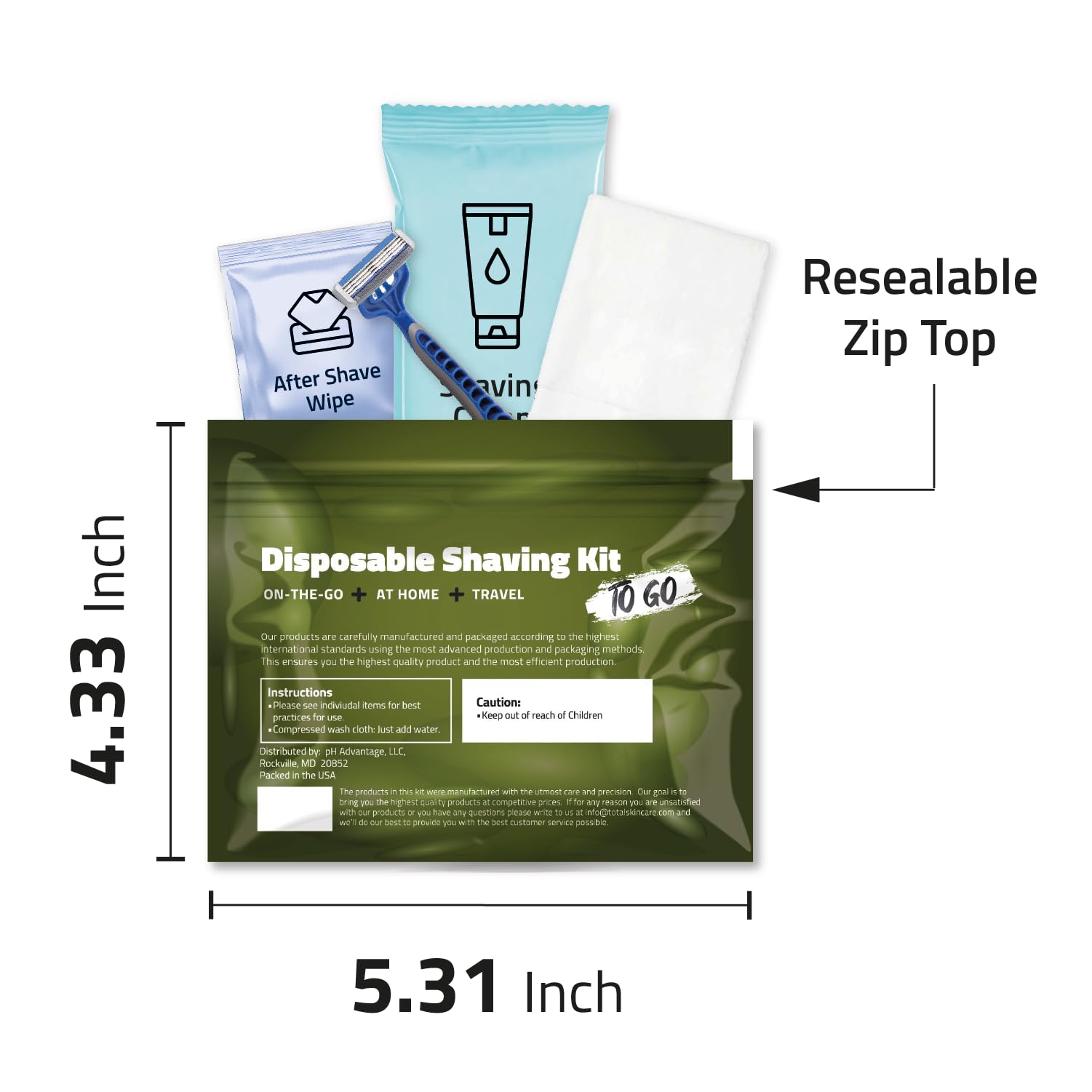 pH Advantage Travel Shaving Kit: Razor, Cream, Washcloth & Aftershave Wipe (Green)
