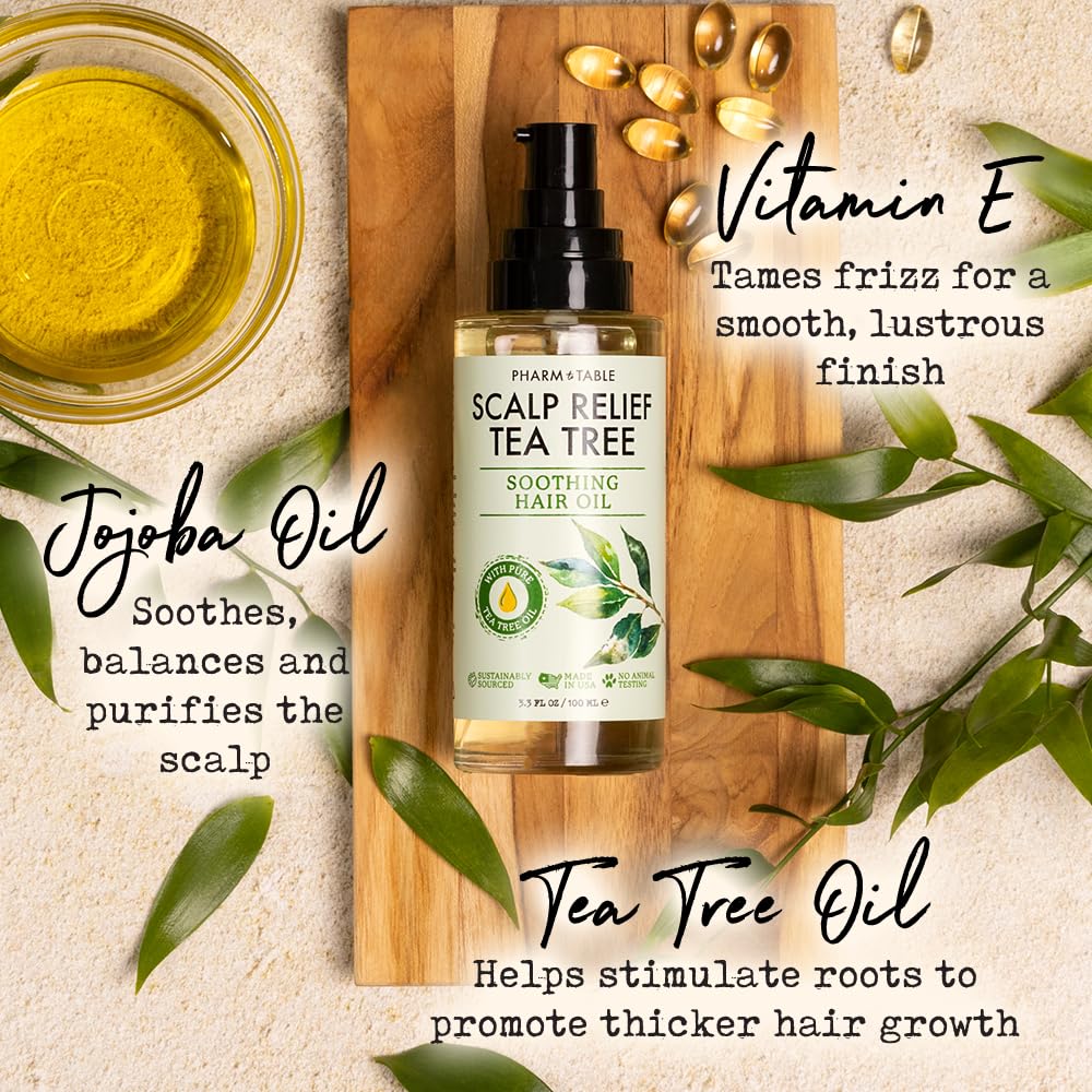 PHARM TO TABLE Tea Tree Hair Oil for Itchy Scalp – 100ml with Tea Tree, Mint, Vitamin E & Jojoba