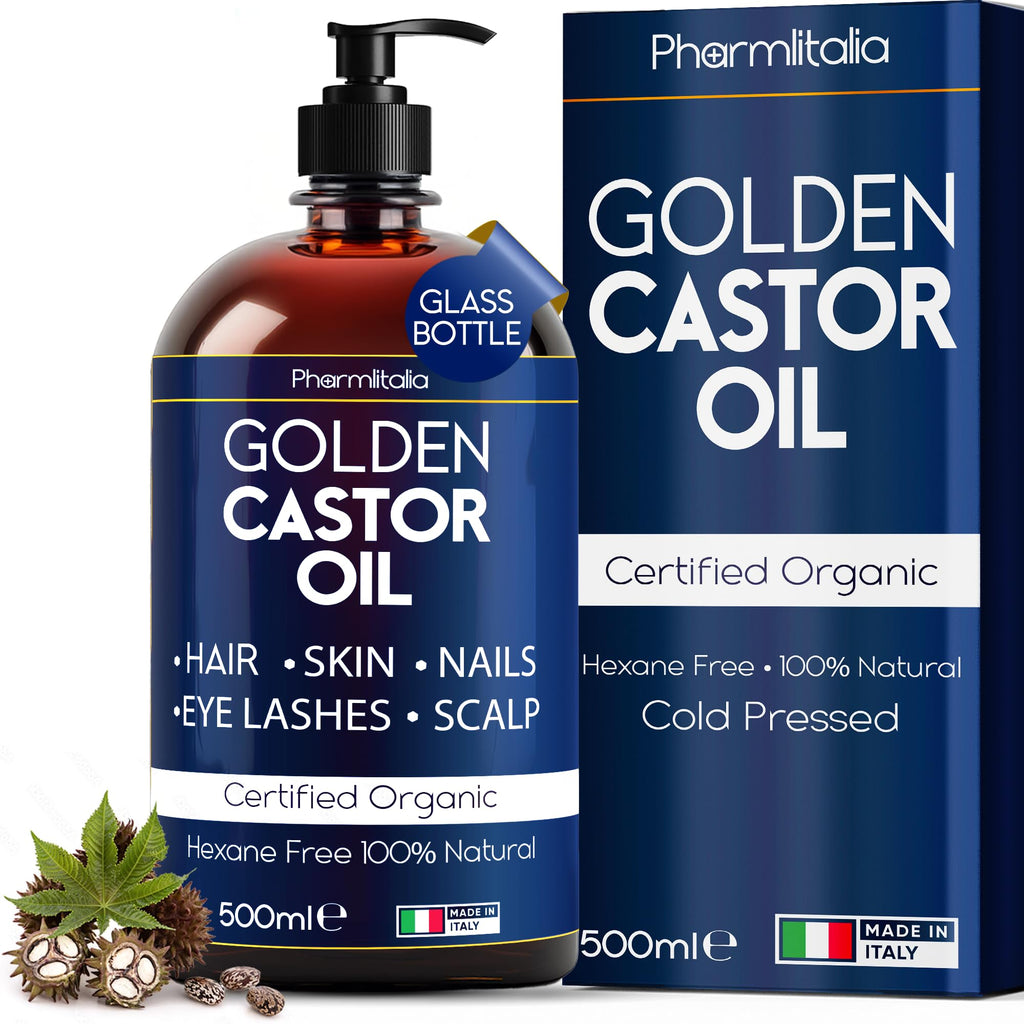 Pharmlitalia Organic Cold-Pressed Castor Oil – 500ml in Dark Glass Bottle for Hair, Skin & Nails