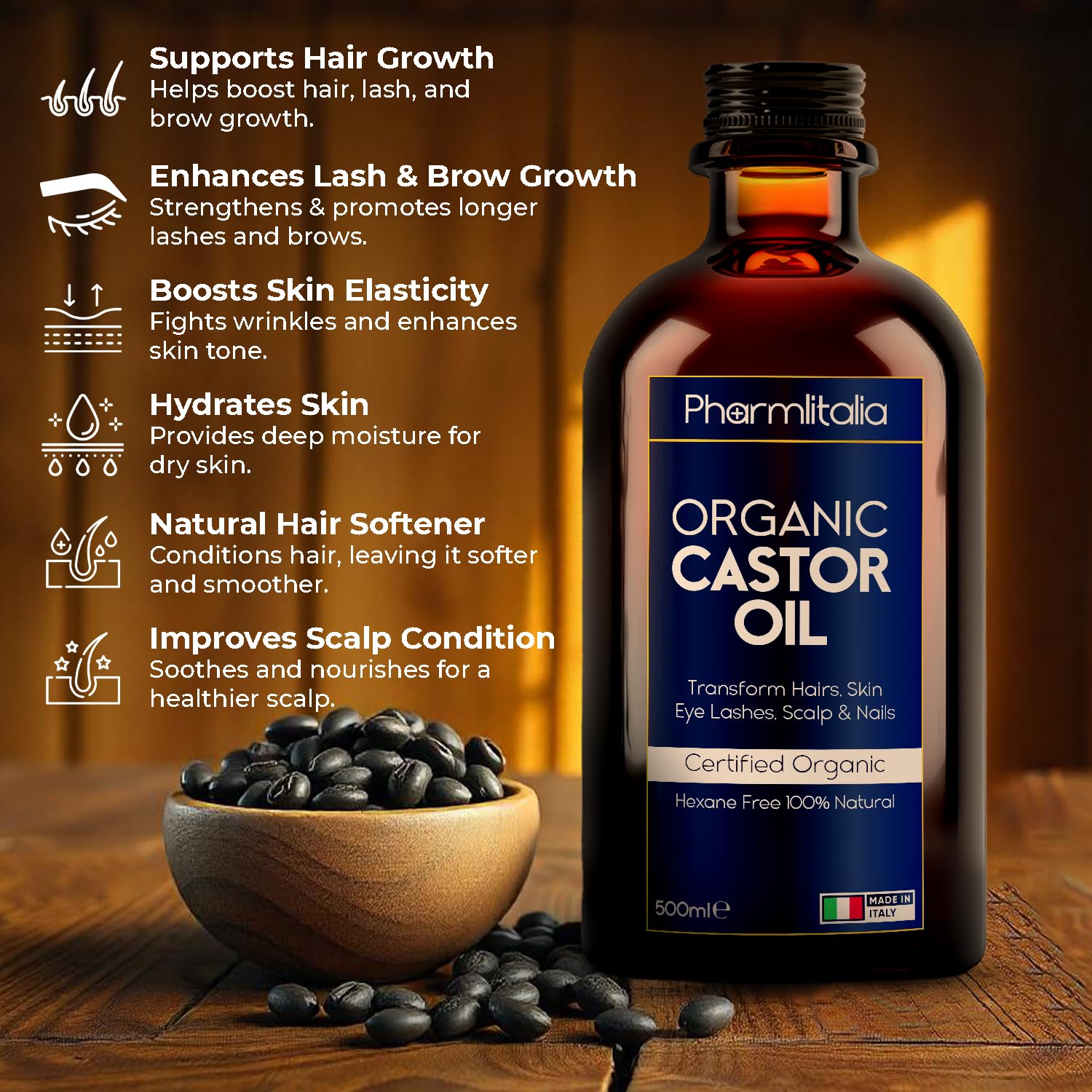 Pharmlitalia Organic Cold-Pressed Castor Oil – 500ml in Dark Glass Bottle for Hair, Skin & Nails