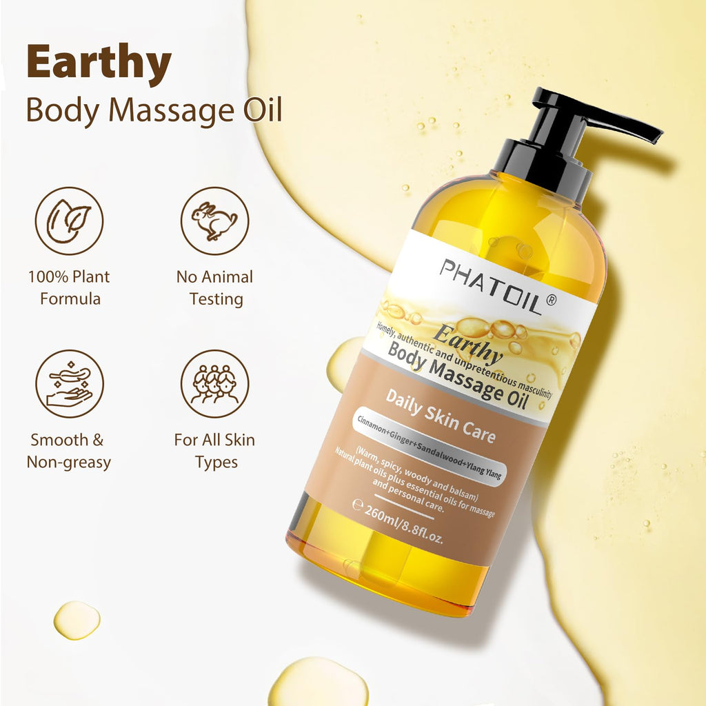 PHATOIL Sandalwood Body Oil for Men – Ginger, Ylang Ylang, Cinnamon | 260ml