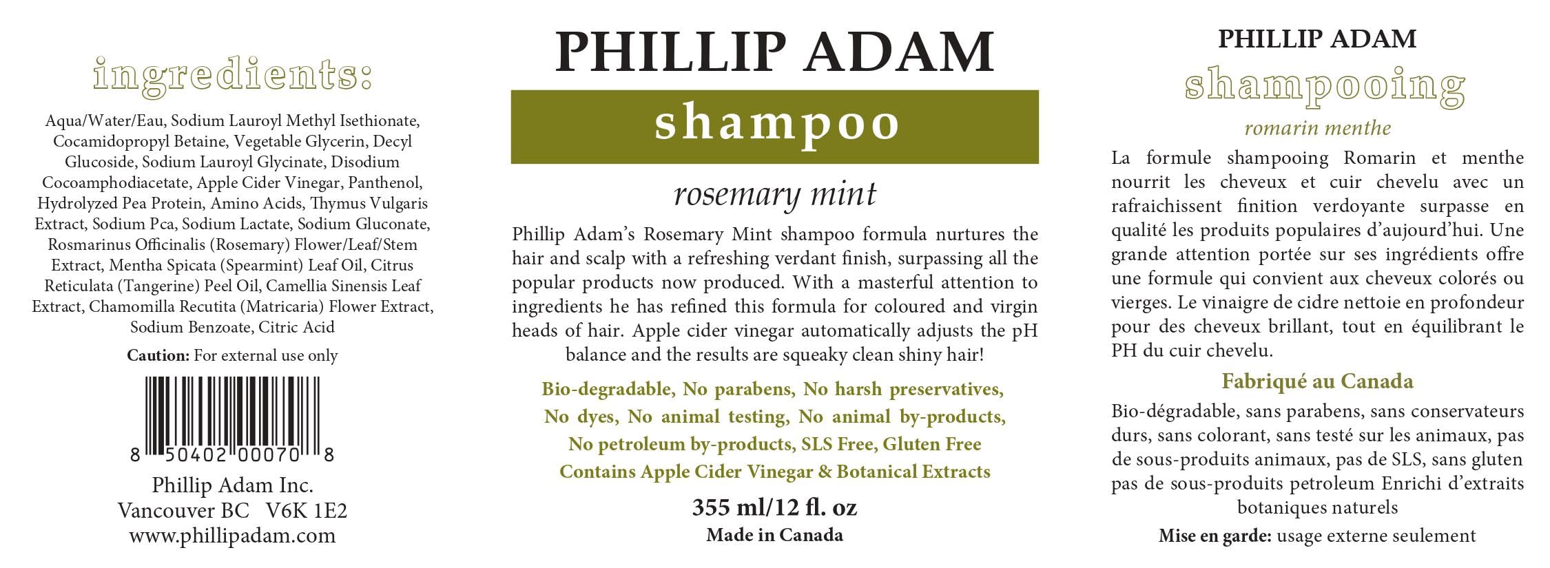 Phillip Adam Rosemary Mint Shampoo – All Hair Types, Gentle, Sulfate-Free & Paraben-Free – 12 oz