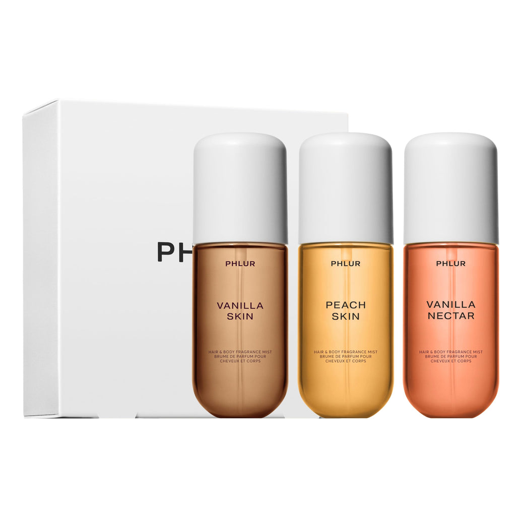 PHLUR Vanilla Peach Trio – Exclusive 3pc Travel-Size Body Mist Set (3 x 3 fl oz) with Vanilla Skin, Vanilla Nectar, Peach Skin