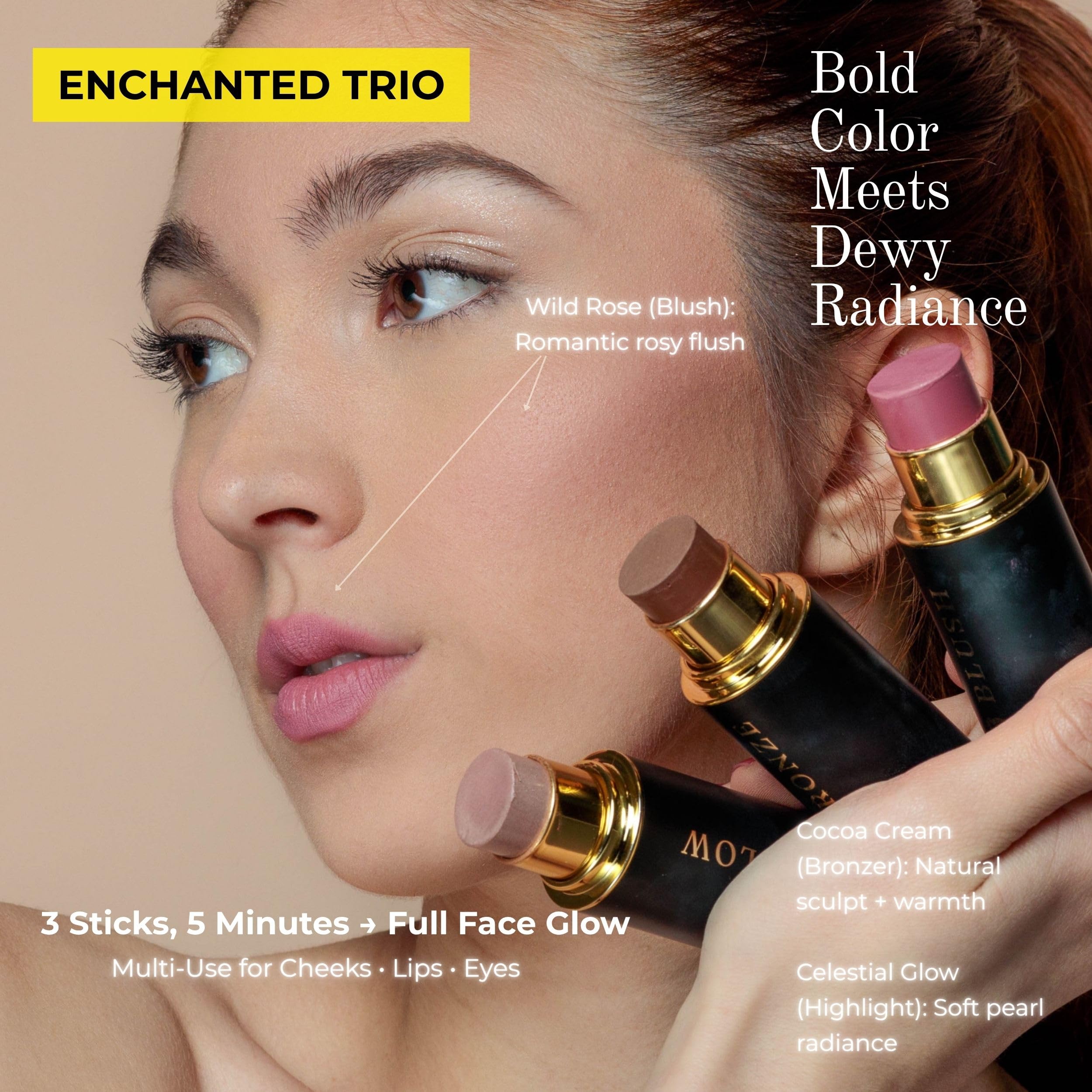 Phoenix Beauty Cream Contour Stick Set – Enchanted Gift Trio (Blush, Bronzer & Highlighter) | Hydrating, Buildable, High-Pigment Makeup