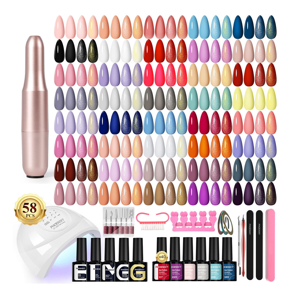 PHOENIXY 58 PCS Gel Nail Kit – 40 Colors, UV Lamp & Drill, 5 Top Coats, At-Home Nail Salon Gift for Women