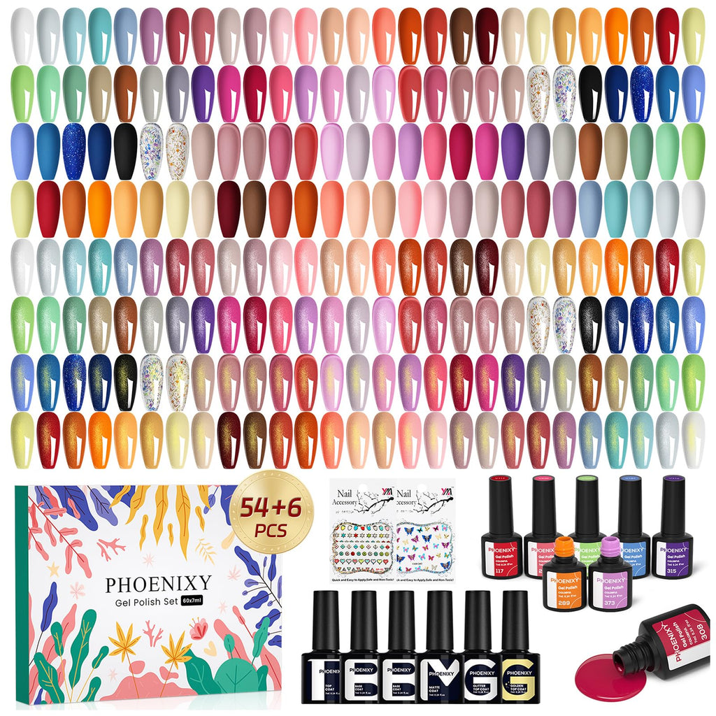 Phoenixy 62-Pcs Gel Nail Polish Set – 54 Colors + Base Coats & Glitter Top Coats