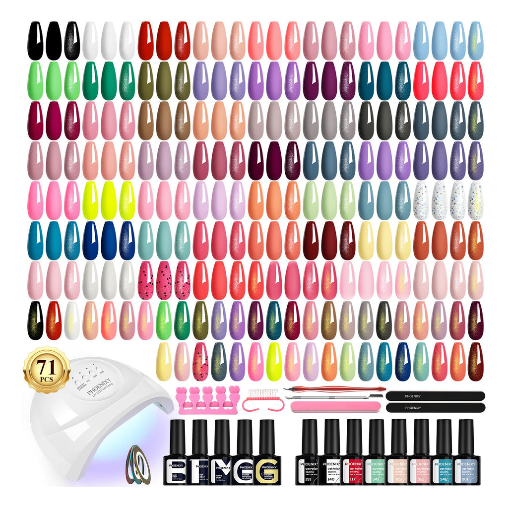 PHOENIXY 71 Pcs Gel Nail Polish Kit with UV Light – 55 Colors, 5 Base & Top Coats, 48W Lamp, Manicure Starter Set