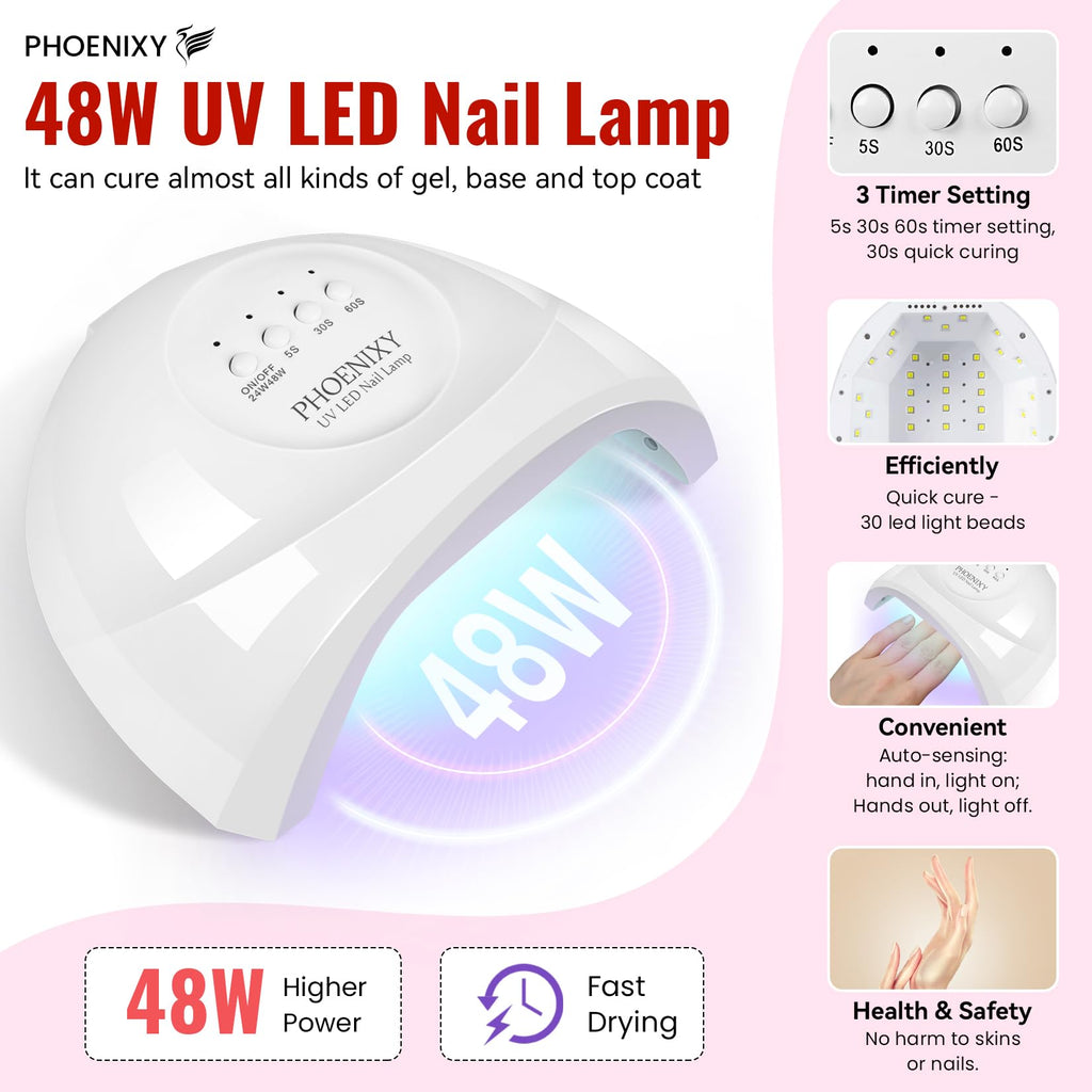 PHOENIXY 71 Pcs Gel Nail Polish Kit with UV Light – 55 Colors, 5 Base & Top Coats, 48W Lamp, Manicure Starter Set