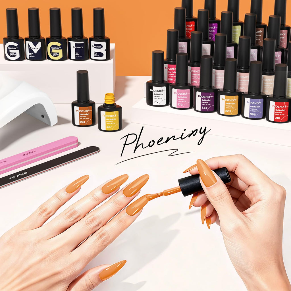 Phoenixy 71-Pcs Gel Nail Polish Kit with UV Light — 55 Nude Colors, 5 Bases & Top Coats