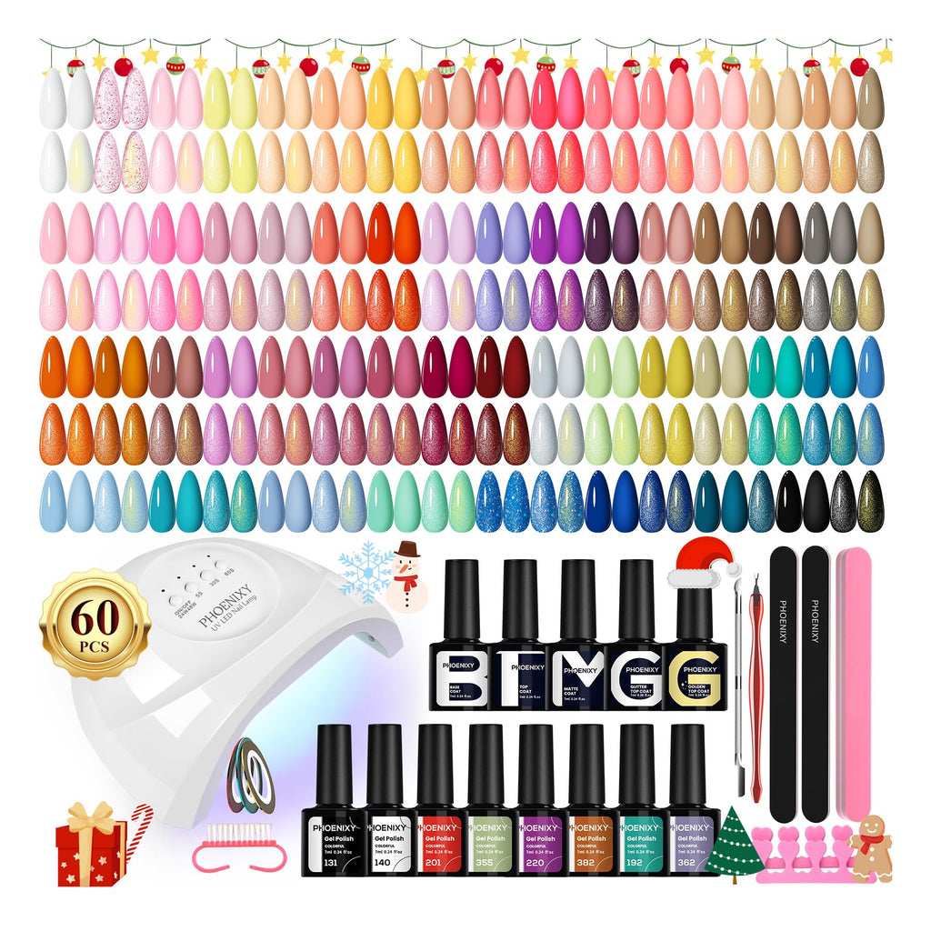 Phoenixy 71-Pcs Gel Nail Polish Kit with UV Light — 55 Nude Colors, 5 Bases & Top Coats