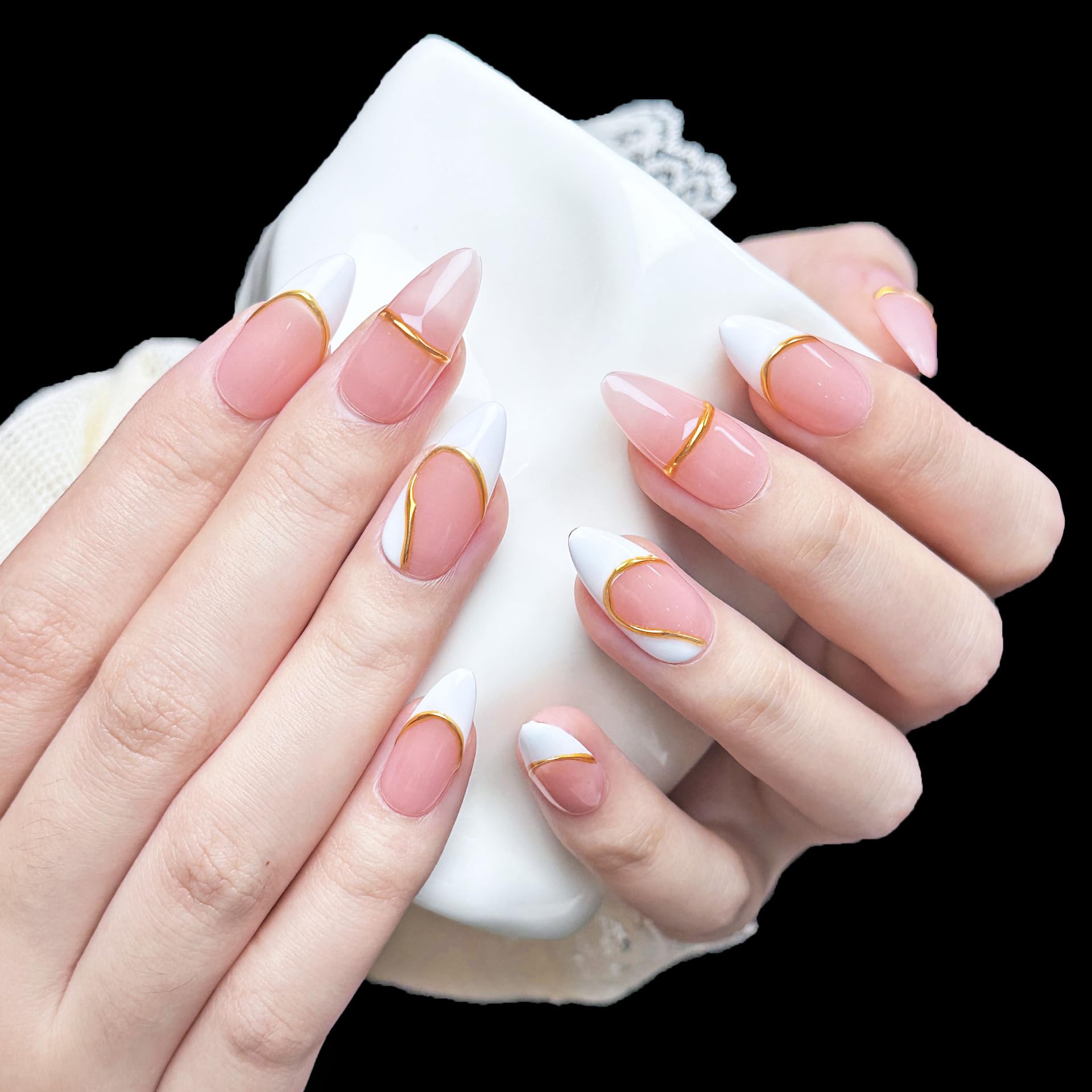 PHYLIN LEAF Handmade Press On Nails – Medium Almond Oval, Pink & Gold French Design