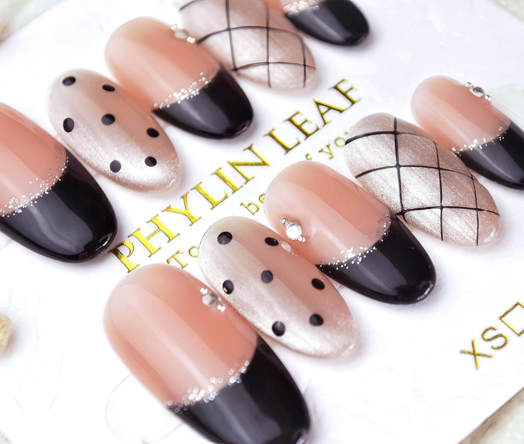 PHYLIN LEAF Handmade Press On Nails – Medium Almond Oval French Pink & Black Checkered