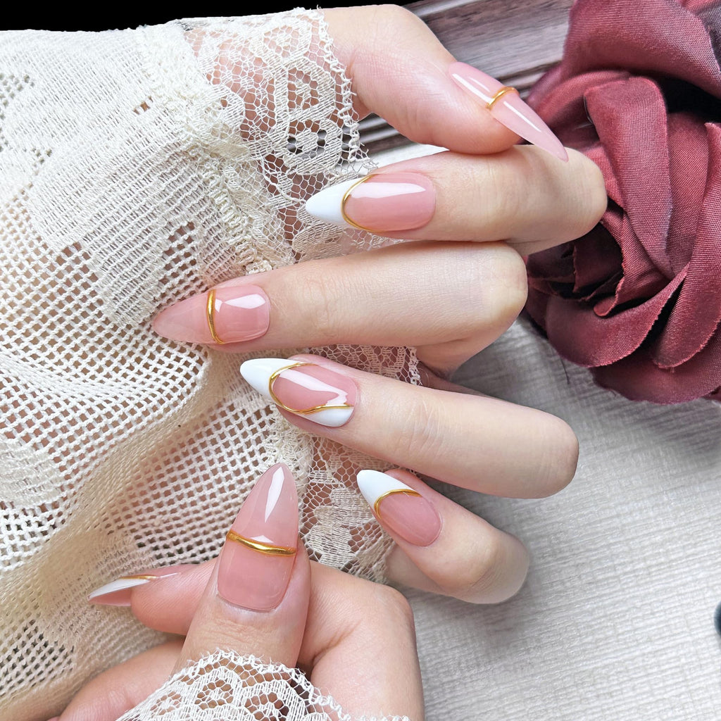 PHYLIN LEAF Handmade Press On Nails – Medium Almond Oval, Pink & Gold French Design