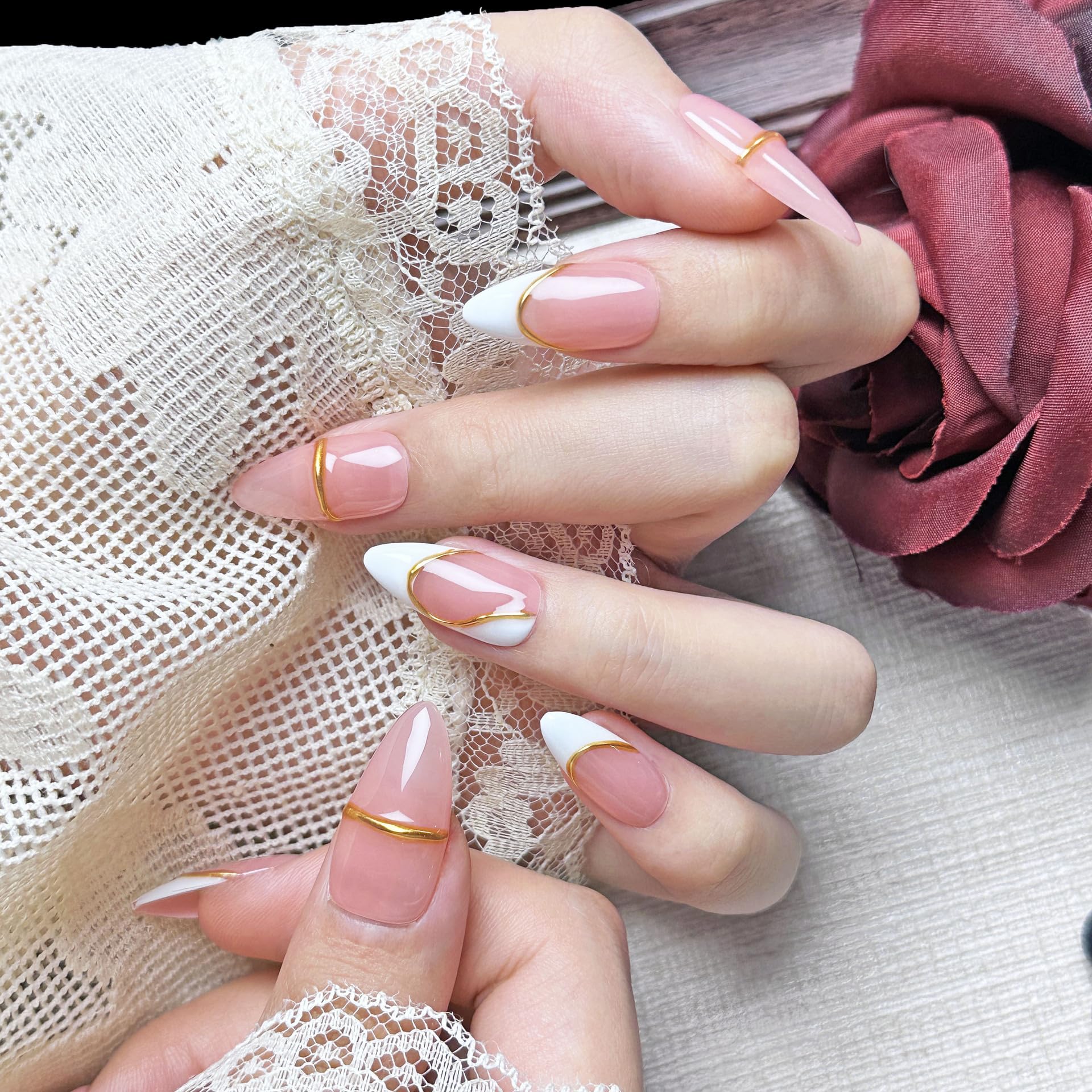 PHYLIN LEAF Handmade Press On Nails – Medium Almond Oval, Pink & Gold French Design
