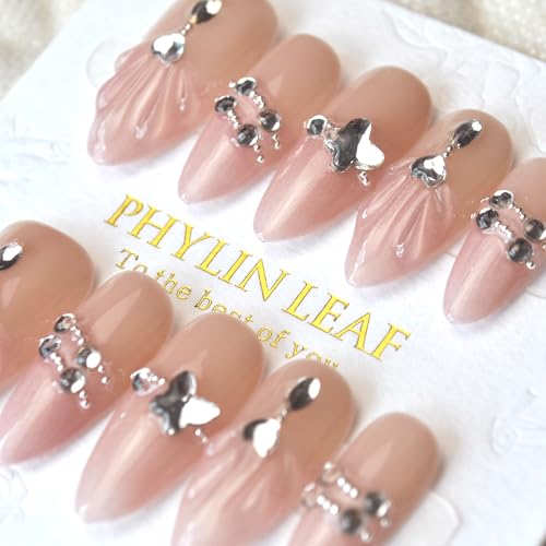 PHYLIN LEAF Handmade Press On Nails – Medium Almond Pink Sea Shell with Diamonds