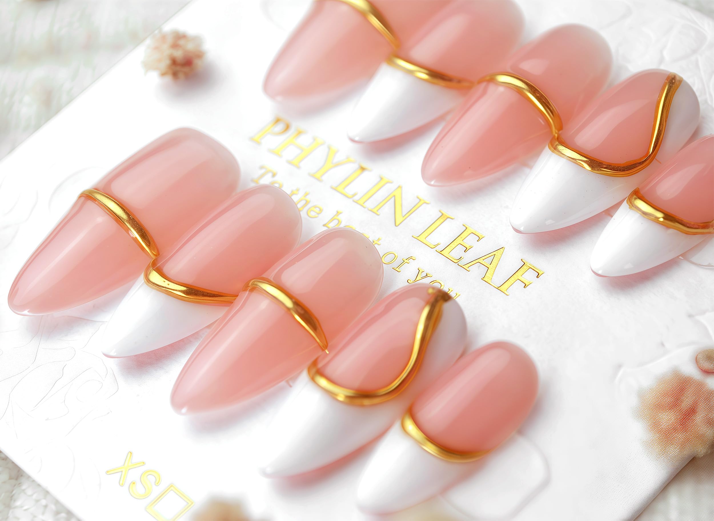 PHYLIN LEAF Handmade Press On Nails – Medium Almond Oval, Pink & Gold French Design