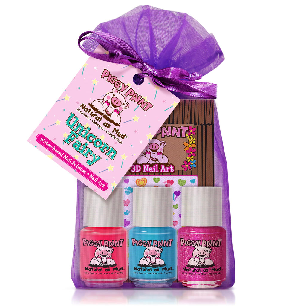 Piggy Paint Unicorn Fairy Gift Set - 100% Non-Toxic Kids Nail Polish (3 Polishes + Nail Art)