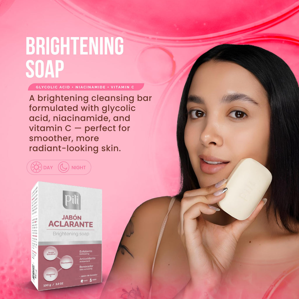 Pili Natural Brightening Soap Bar 2 Pack – Exfoliating Face & Body Soap with Glycolic Acid, Vitamin C & Niacinamide