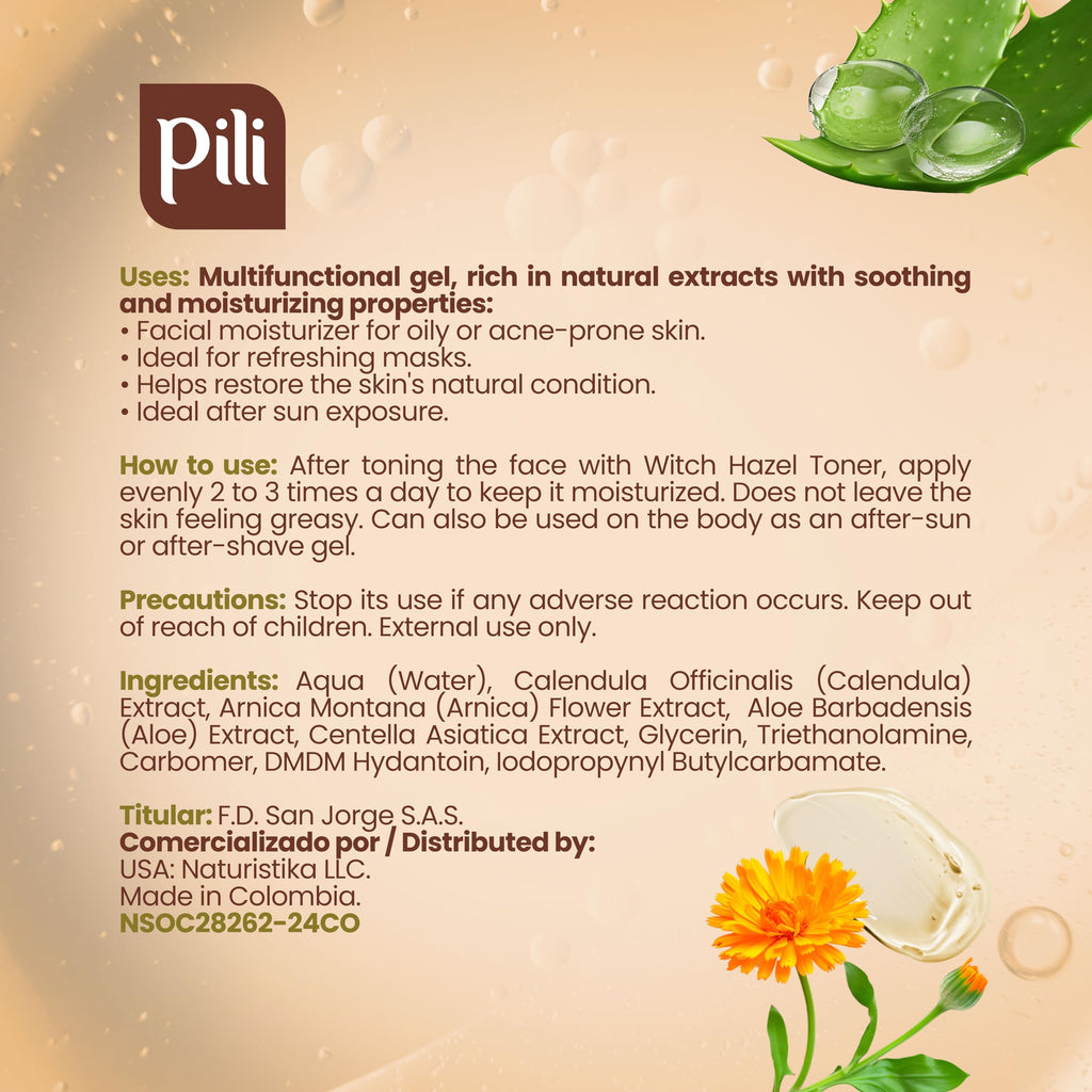 Pili Natural Hydrogel – Soothing Skin Gel with Arnica, Calendula, Centella Asiatica & Aloe Vera | Paraben & Alcohol Free | 8.8 oz