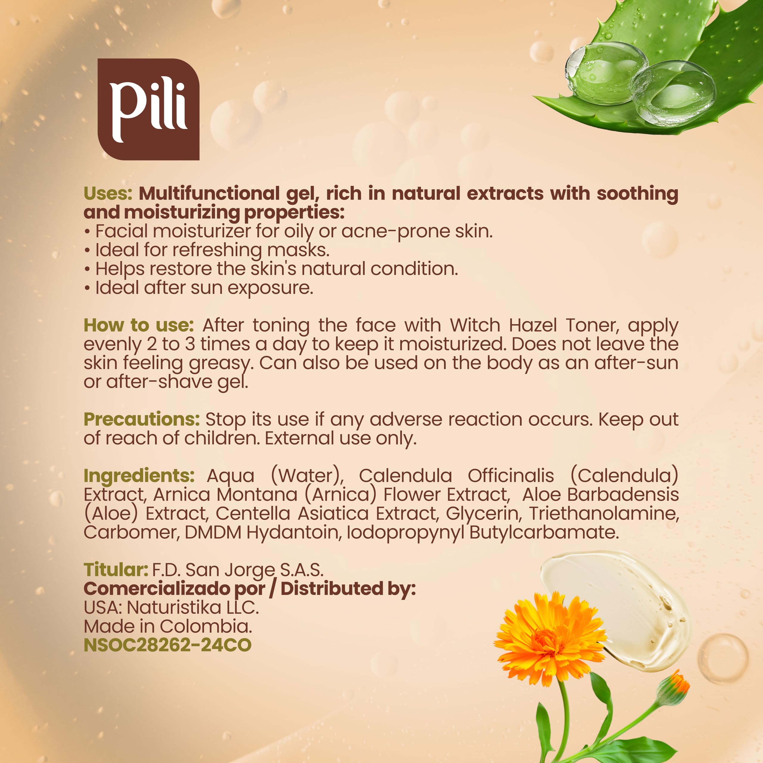 Pili Natural Hydrogel – Soothing Skin Gel with Arnica, Calendula, Centella Asiatica & Aloe Vera | Paraben & Alcohol Free | 8.8 oz