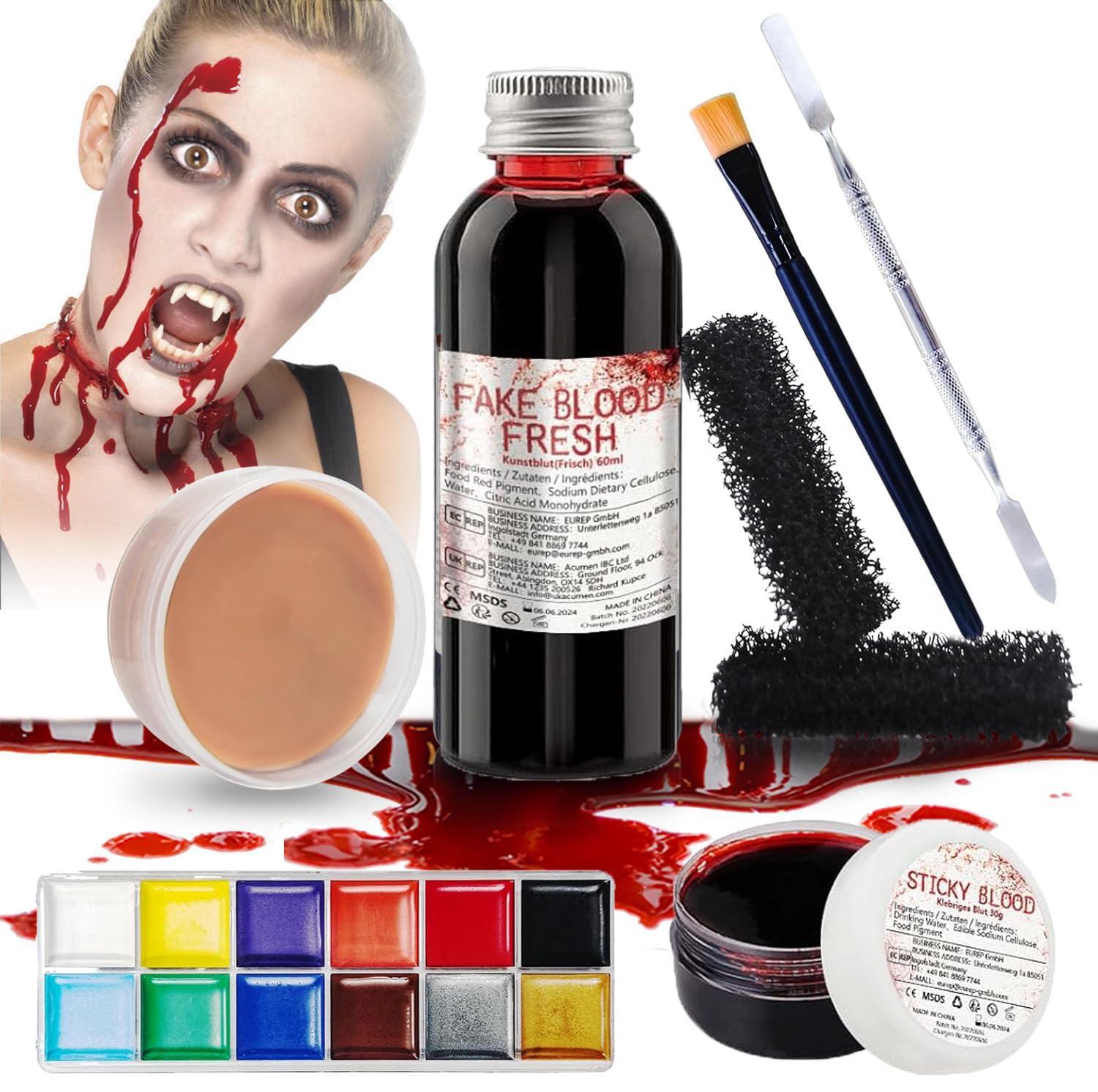 PillyBalla Professional Halloween SFX Makeup Kit – Wound Wax, Fake Blood, 12 Colors