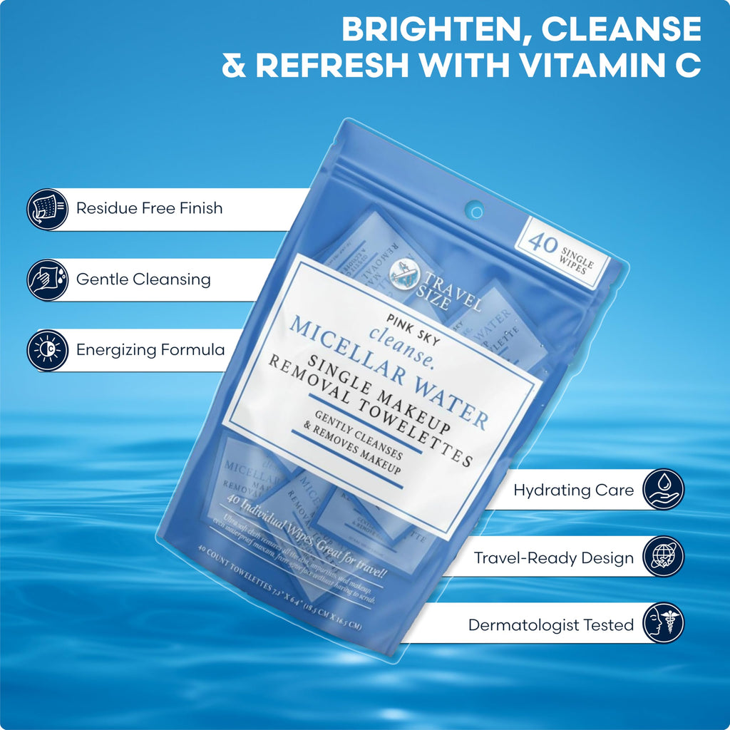 Pink Sky Micellar Water Makeup Remover Wipes – 40 Travel-Ready Hydrating Towelettes