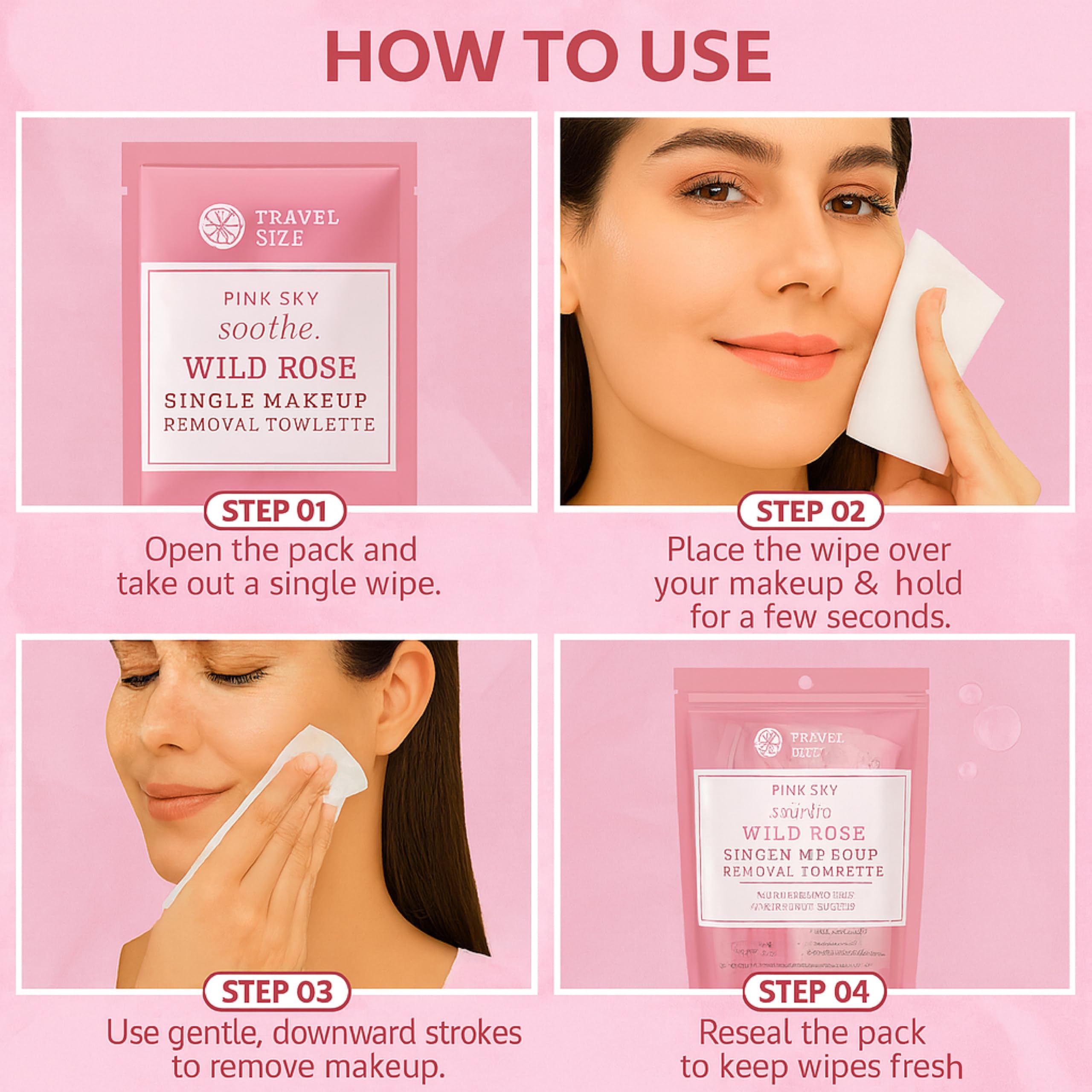 Pink Sky Wild Rose Makeup Remover Wipes – 40-Count, Individually Wrapped, Hydrating Rose Facial Towelettes