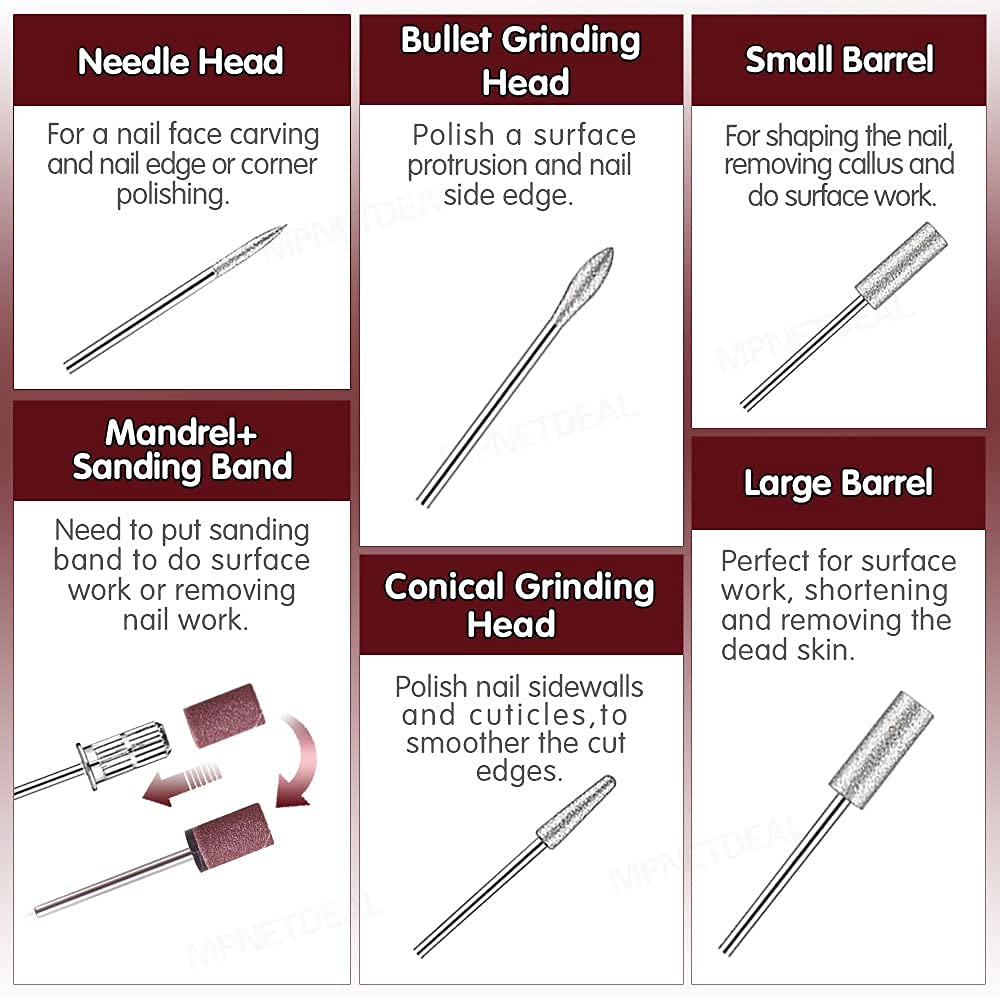 Pinkiou Professional Electric Nail Drill Kit – 7 Drill Bits + 6 Gel Removers